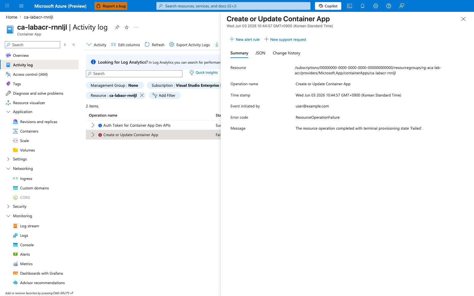 Activity Log Summary tab for the failed Create or Update Container App operation