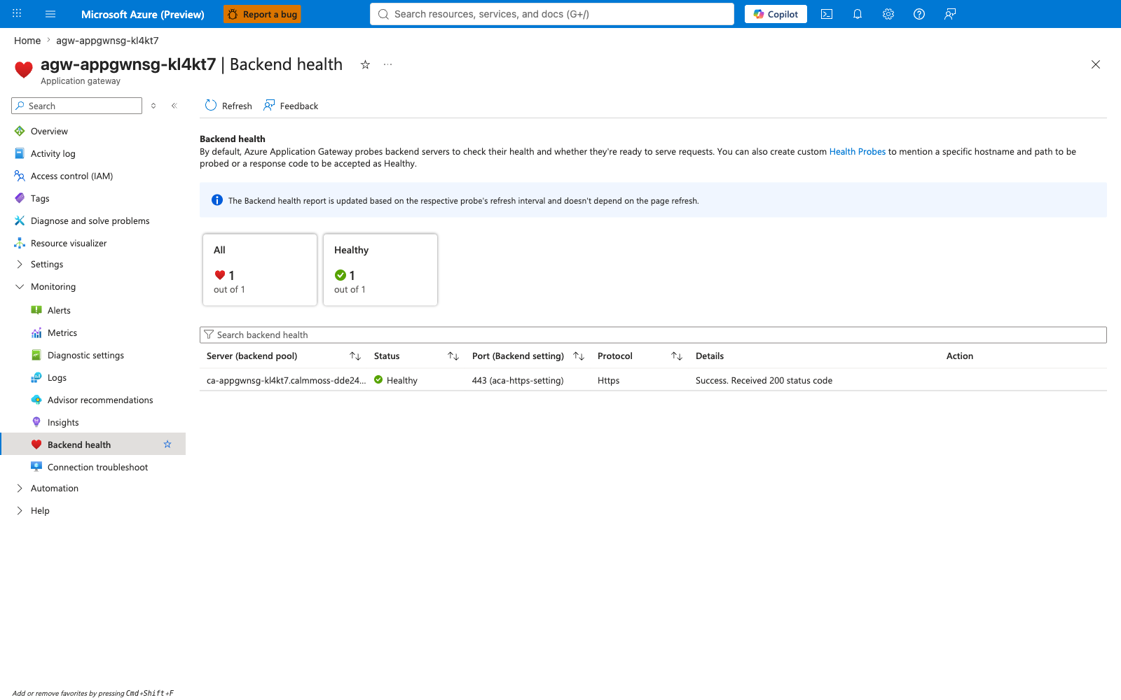Application Gateway Backend health blade showing every backend server in aca-backend-pool as Healthy with HTTP 200