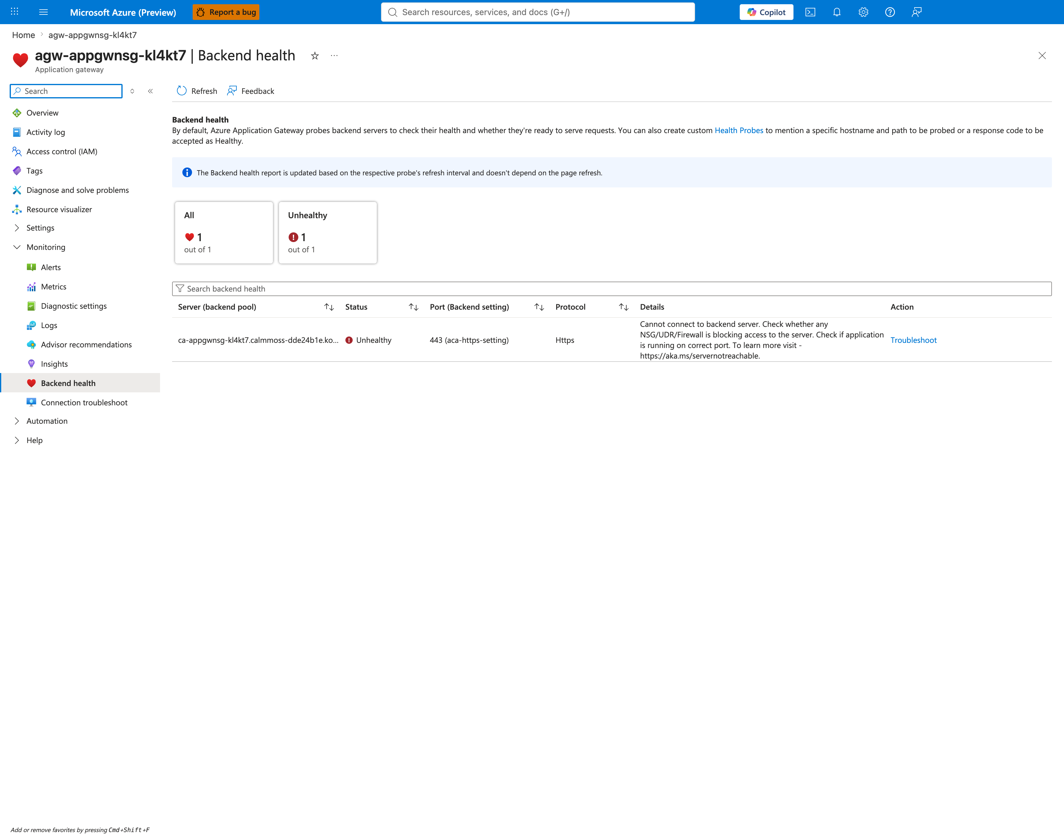Application Gateway Backend health blade showing every backend server in aca-backend-pool as Unhealthy with the NSG-blocked probe error