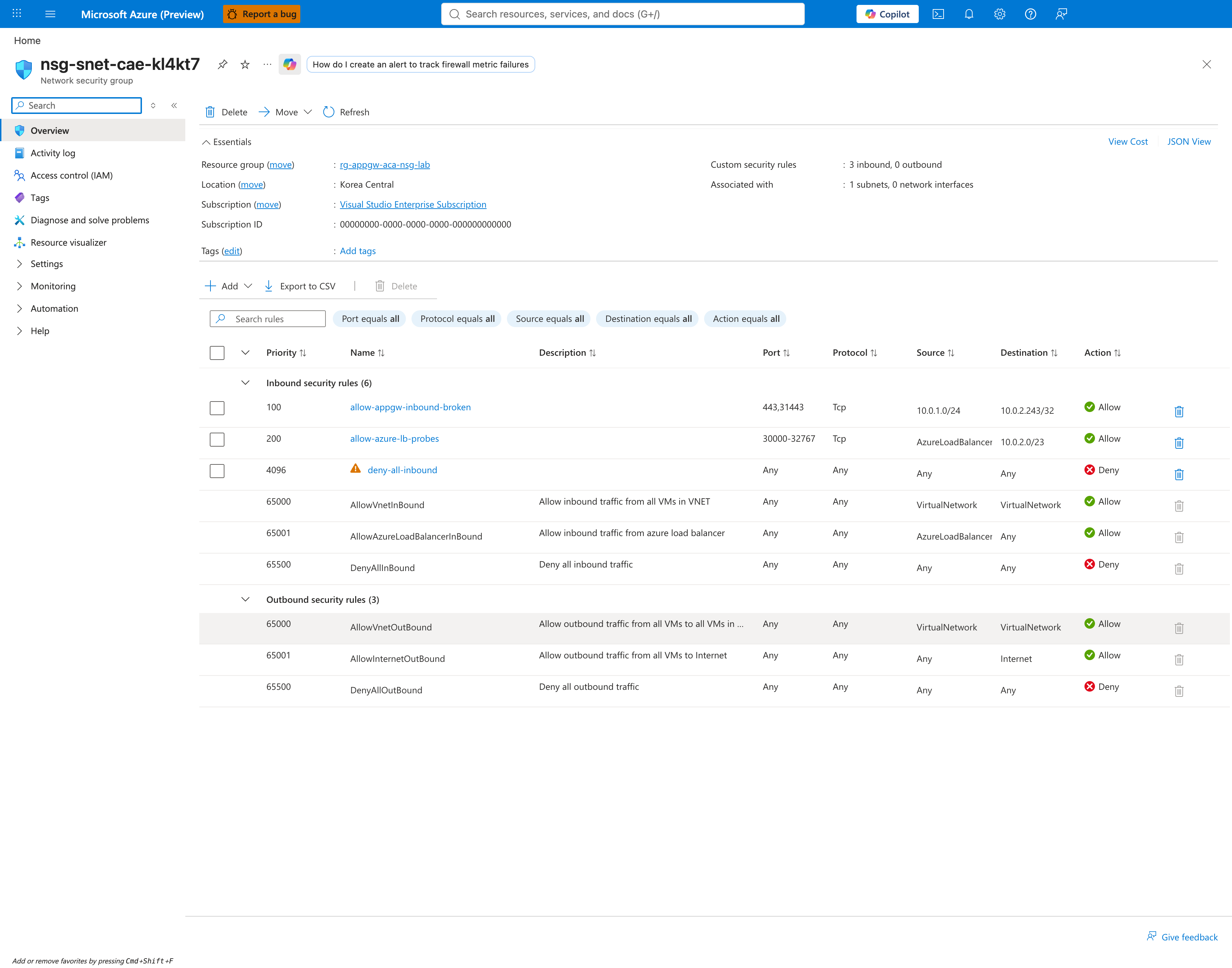 NSG blade showing inbound security rules with rule 100 allow-appgw-inbound-broken Destination = 10.0.2.243/32 (the environment staticIp), rule 200 allow-azure-lb-probes Destination = 10.0.2.0/23, and rule 4096 deny-all-inbound
