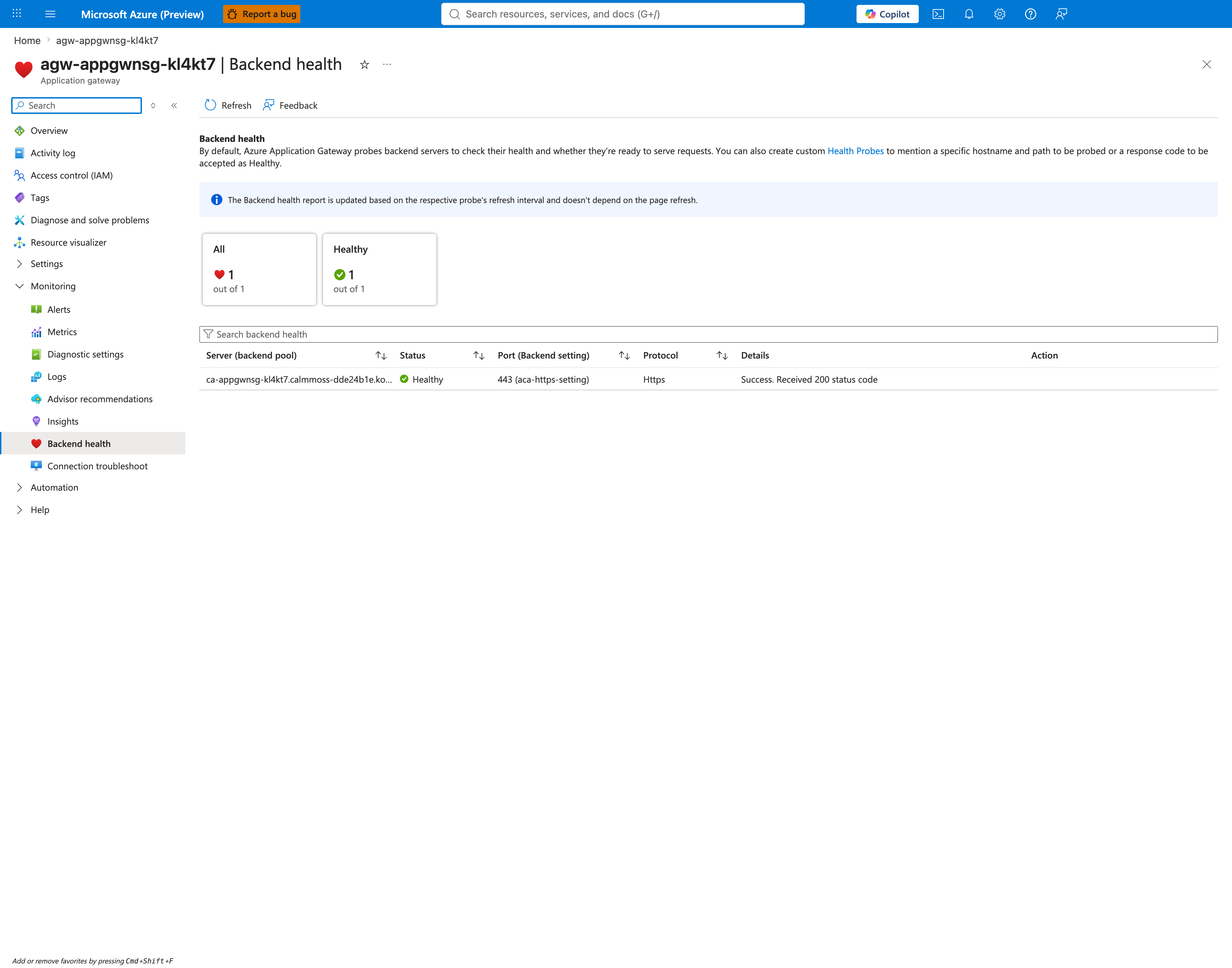 Application Gateway Backend health blade showing every backend server in aca-backend-pool back to Healthy after fix.sh rewrote rule 100 destination to the CAE subnet CIDR