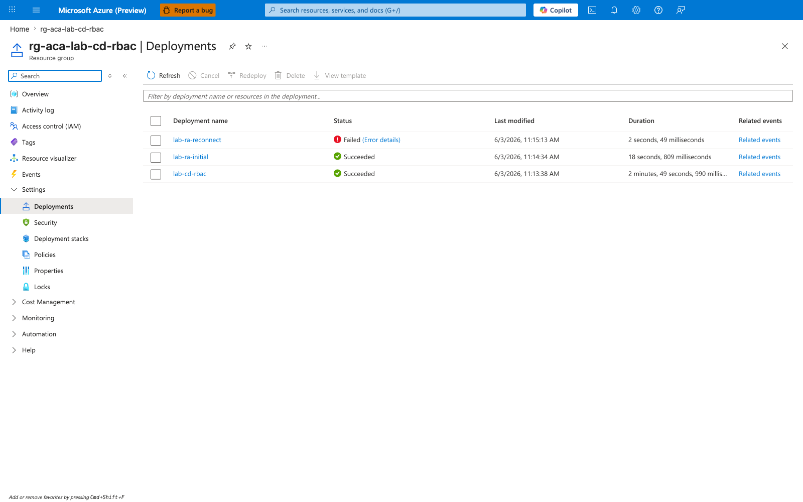 Resource group Deployments list showing lab-ra-reconnect Failed