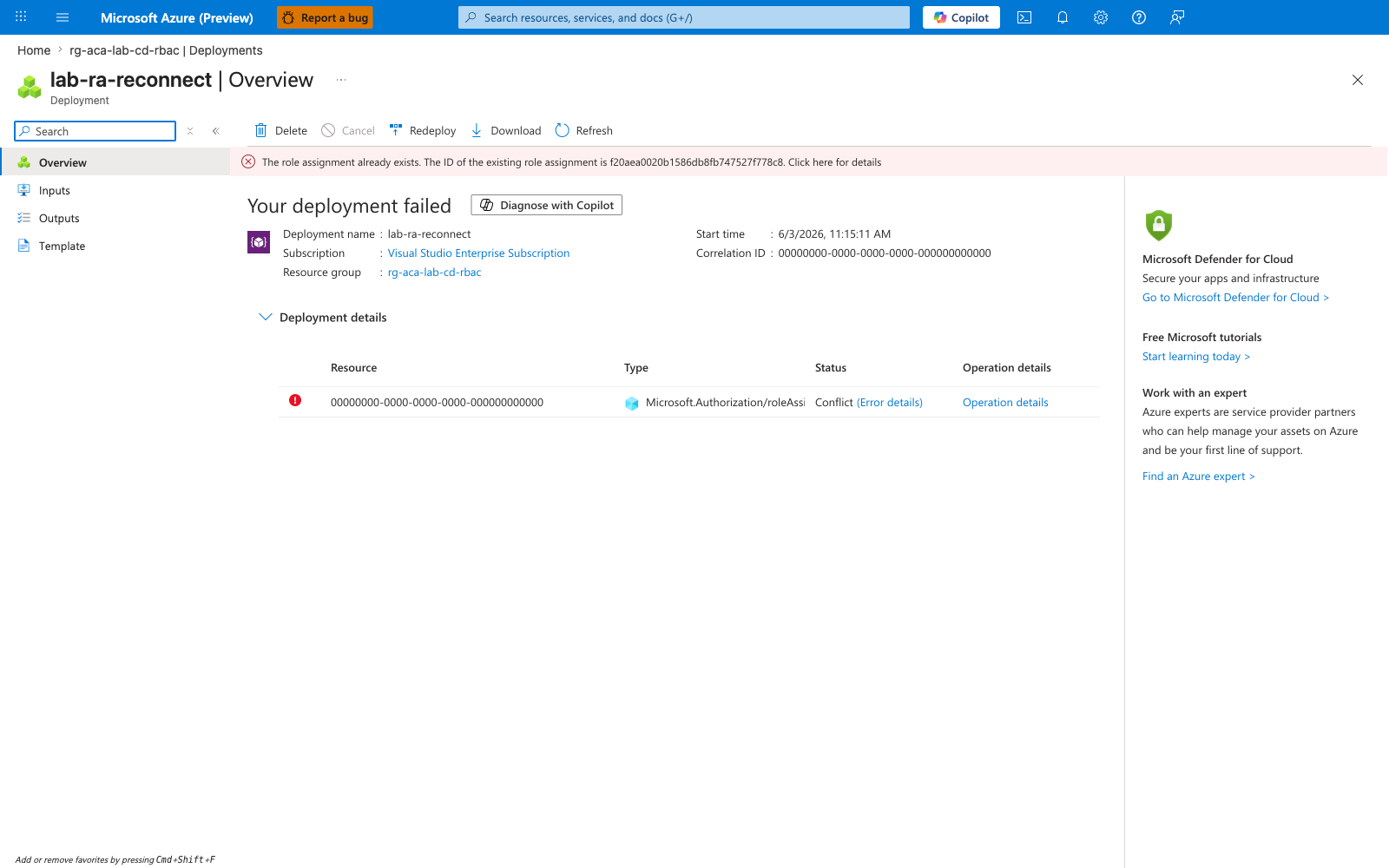 Failed reconnect deployment detail with RoleAssignmentExists error