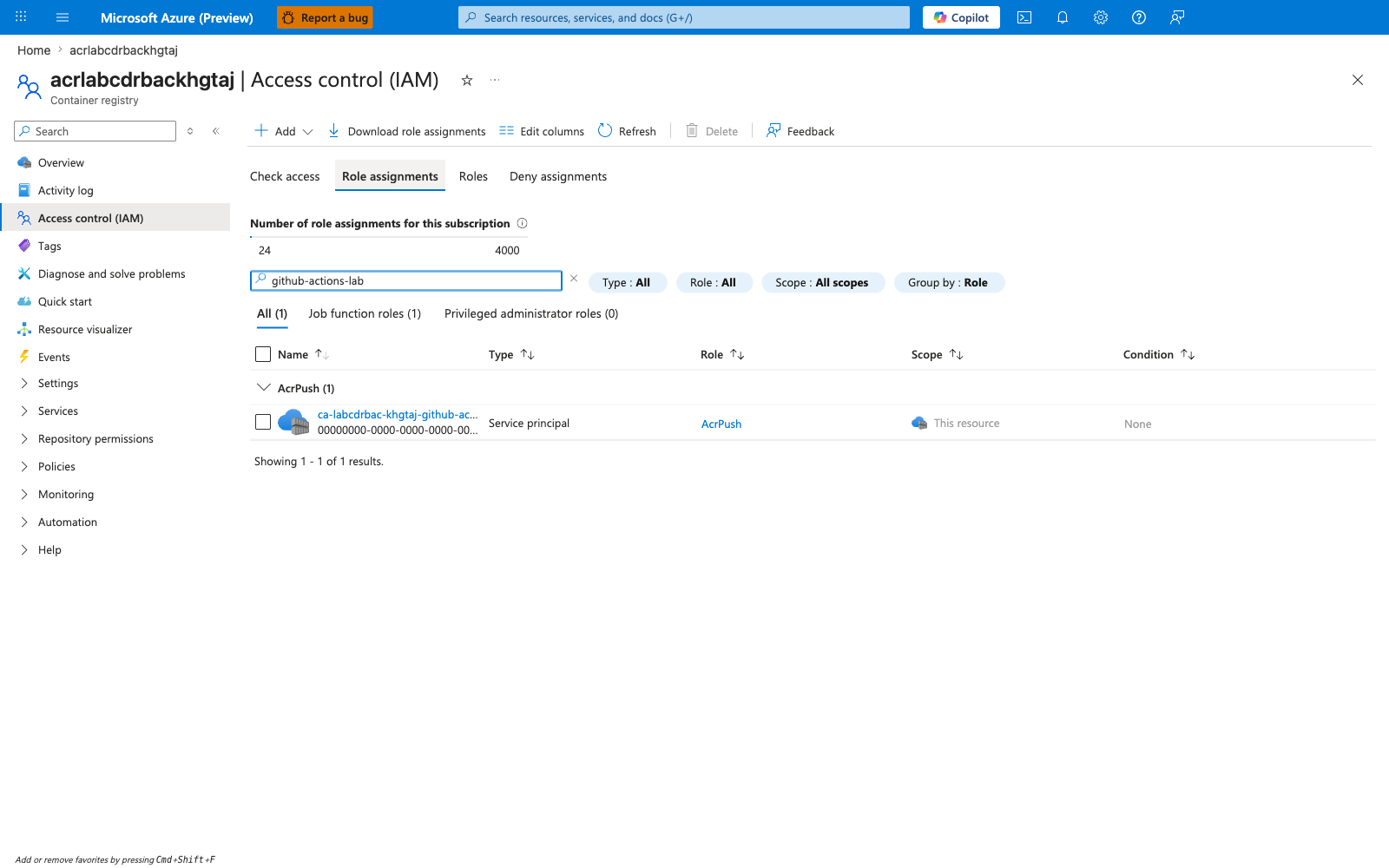 ACR IAM showing single orphaned AcrPush assignment before recovery