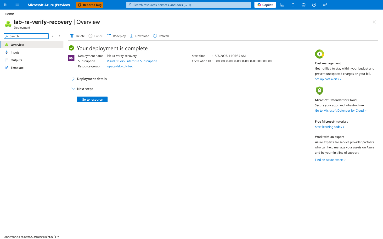 Recovered deployment lab-ra-verify-recovery showing Succeeded state