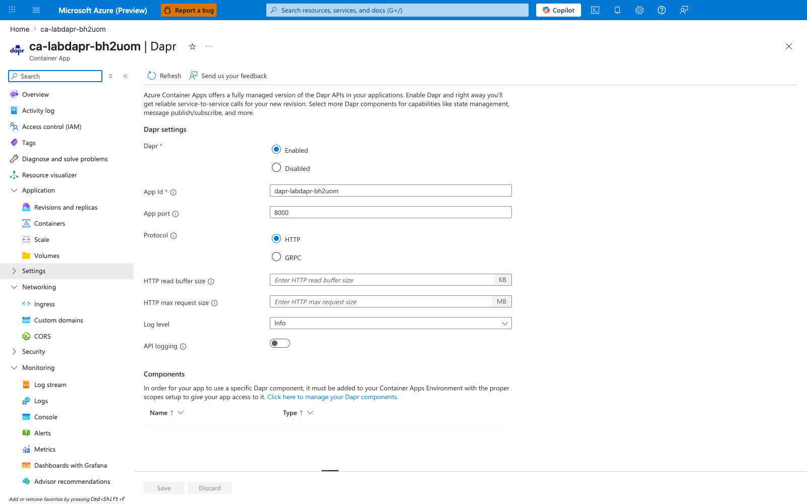 Dapr blade — Enabled, App ID dapr-labdapr-bh2uom, App port 8000, HTTP