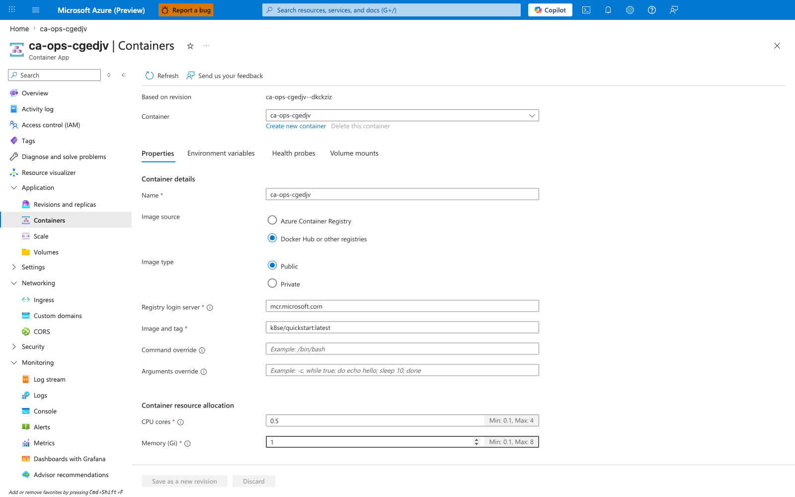 Containers Properties tab showing Registry login server, Image and tag fields, and resource allocation