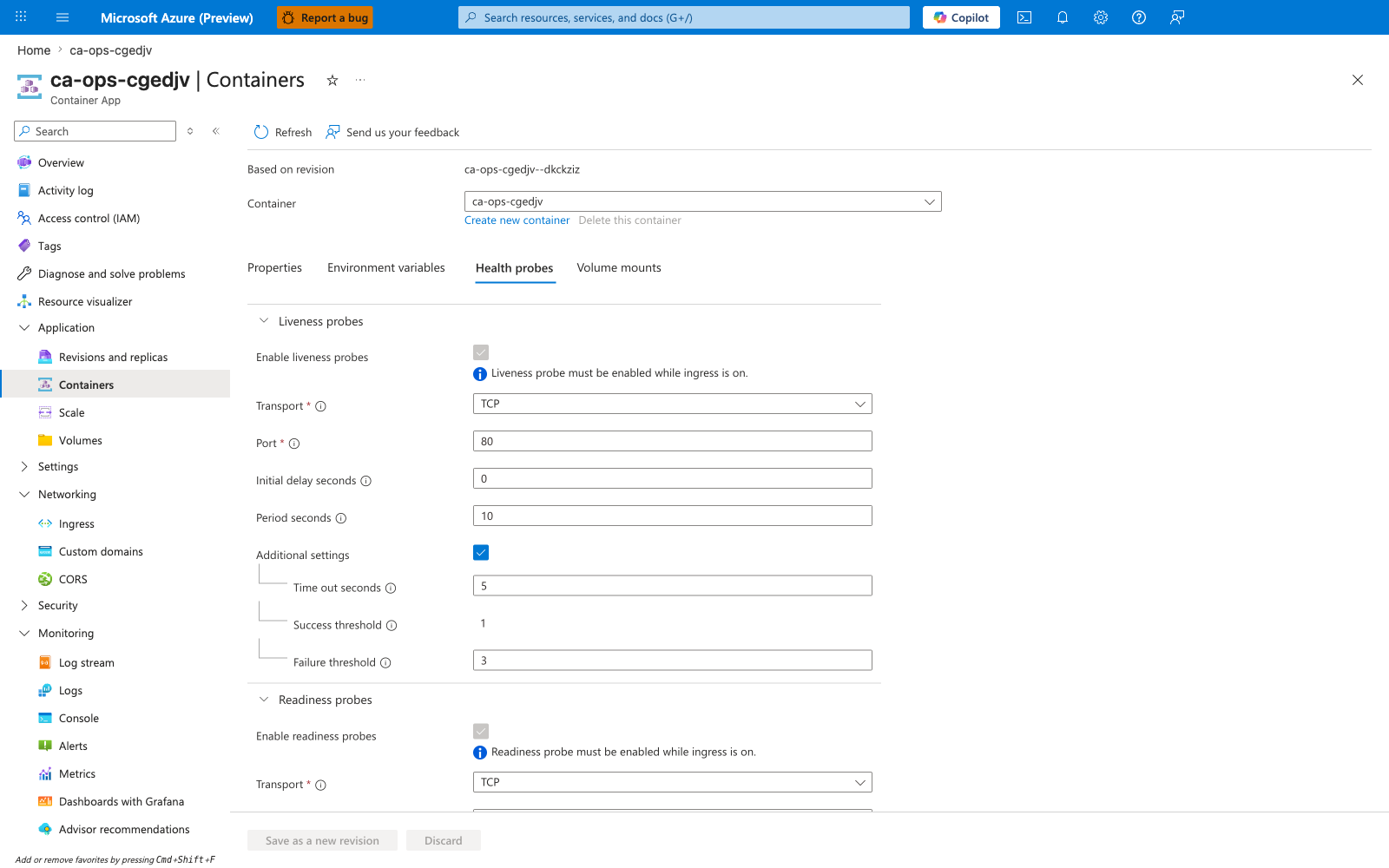 Containers Health probes tab showing Startup, Liveness, and Readiness probe configuration