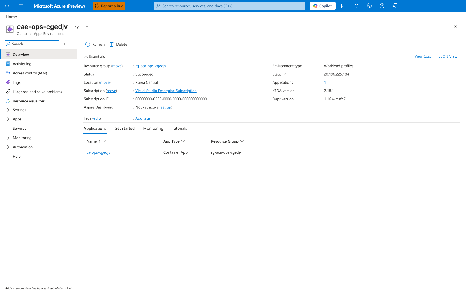 Container Apps Environment overview blade with status, location, subscription, and links to Log Analytics and apps