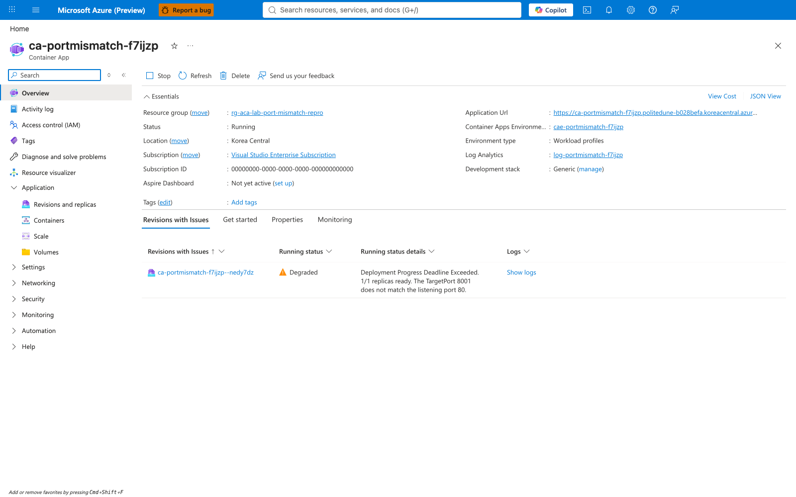 Container App overview blade during the failure window showing Status Running alongside the four tabs Essentials, Properties, Capabilities, and Issues