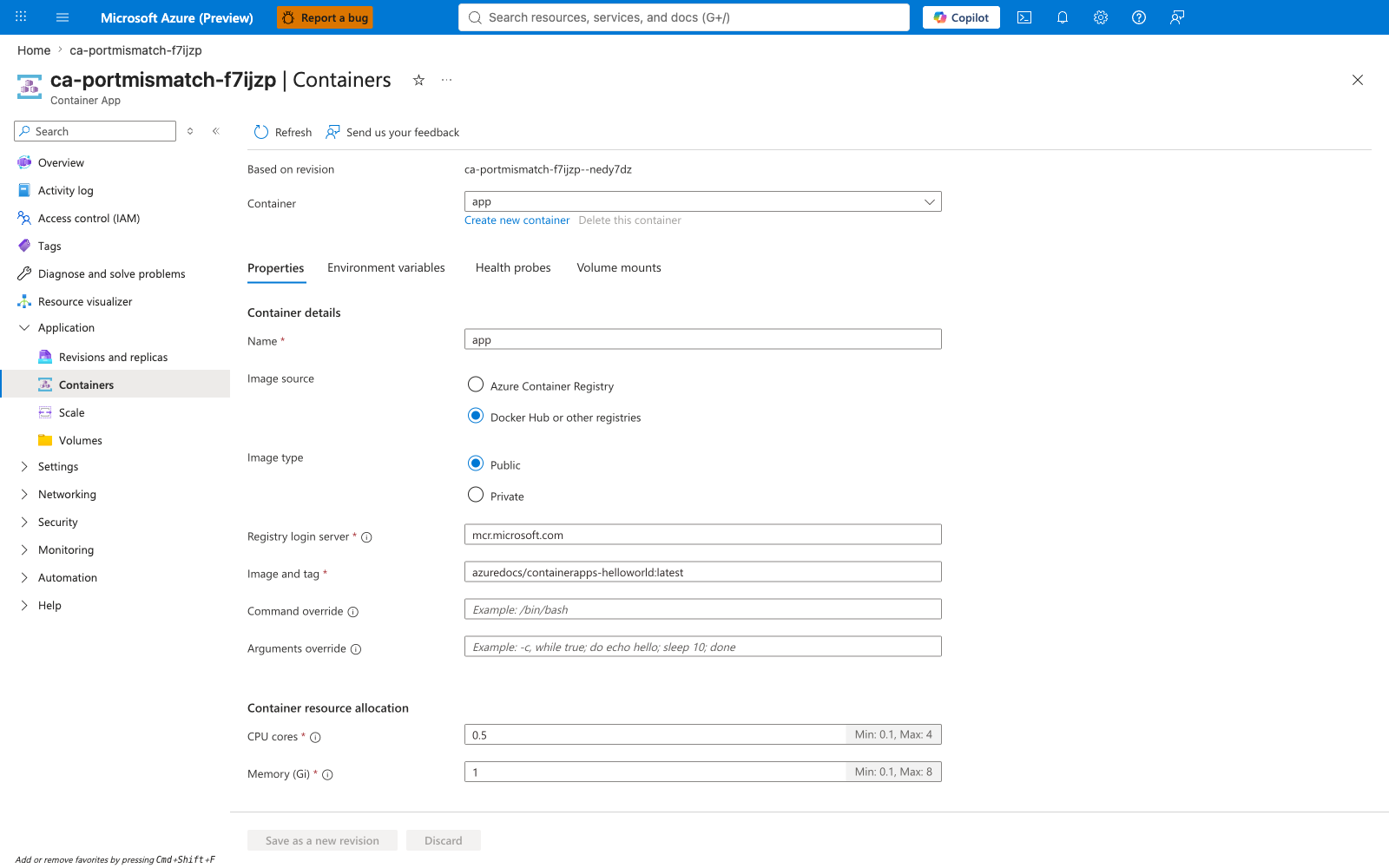 Containers blade during the failure window showing the helloworld image