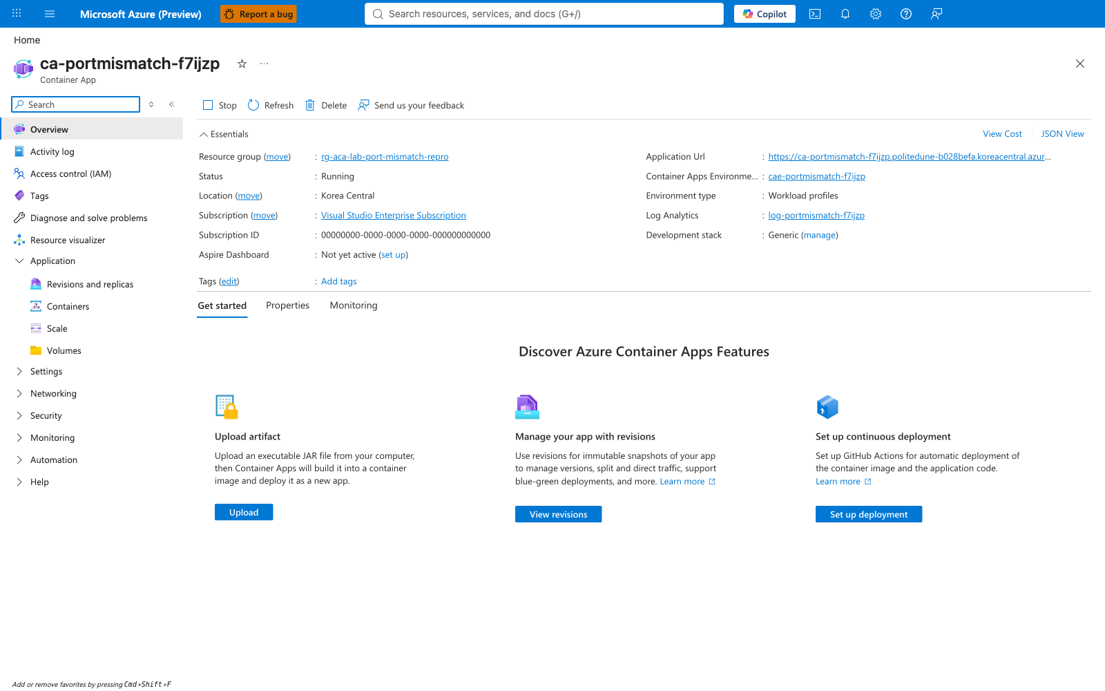 Container App overview blade after the fix, with only three tabs (Essentials, Properties, Capabilities)