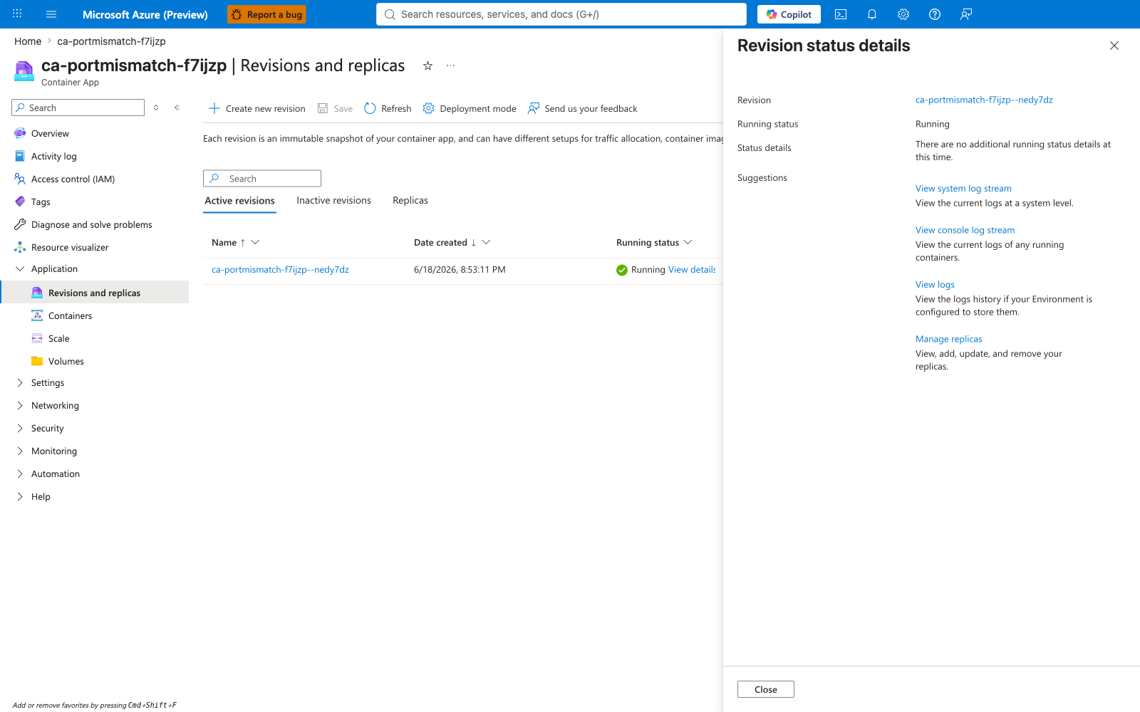 Revision status details flyout after the fix, showing "There are no additional running status details at this time"