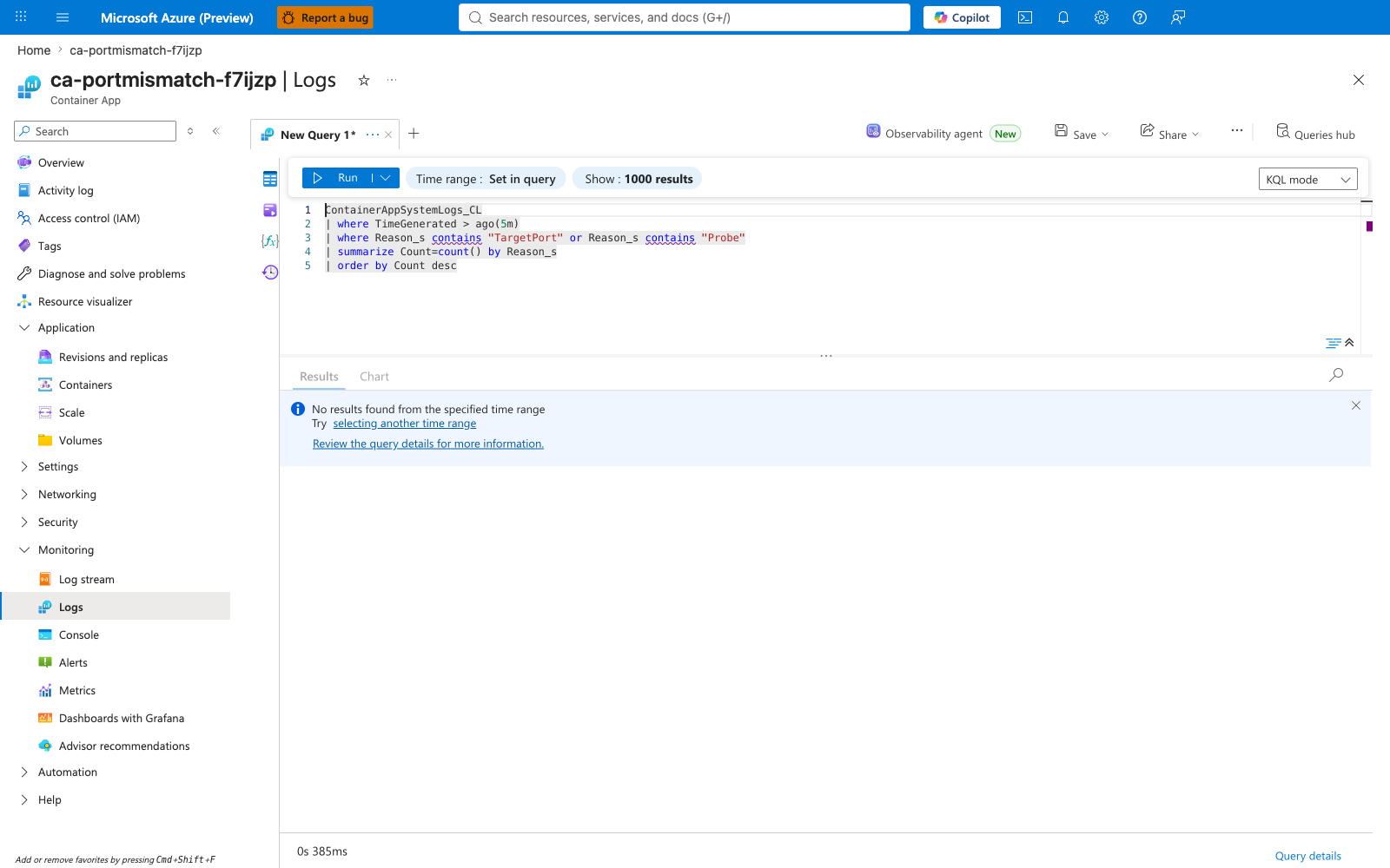 Log Analytics blade showing the same KQL query returning "No results found" over the post-fix window