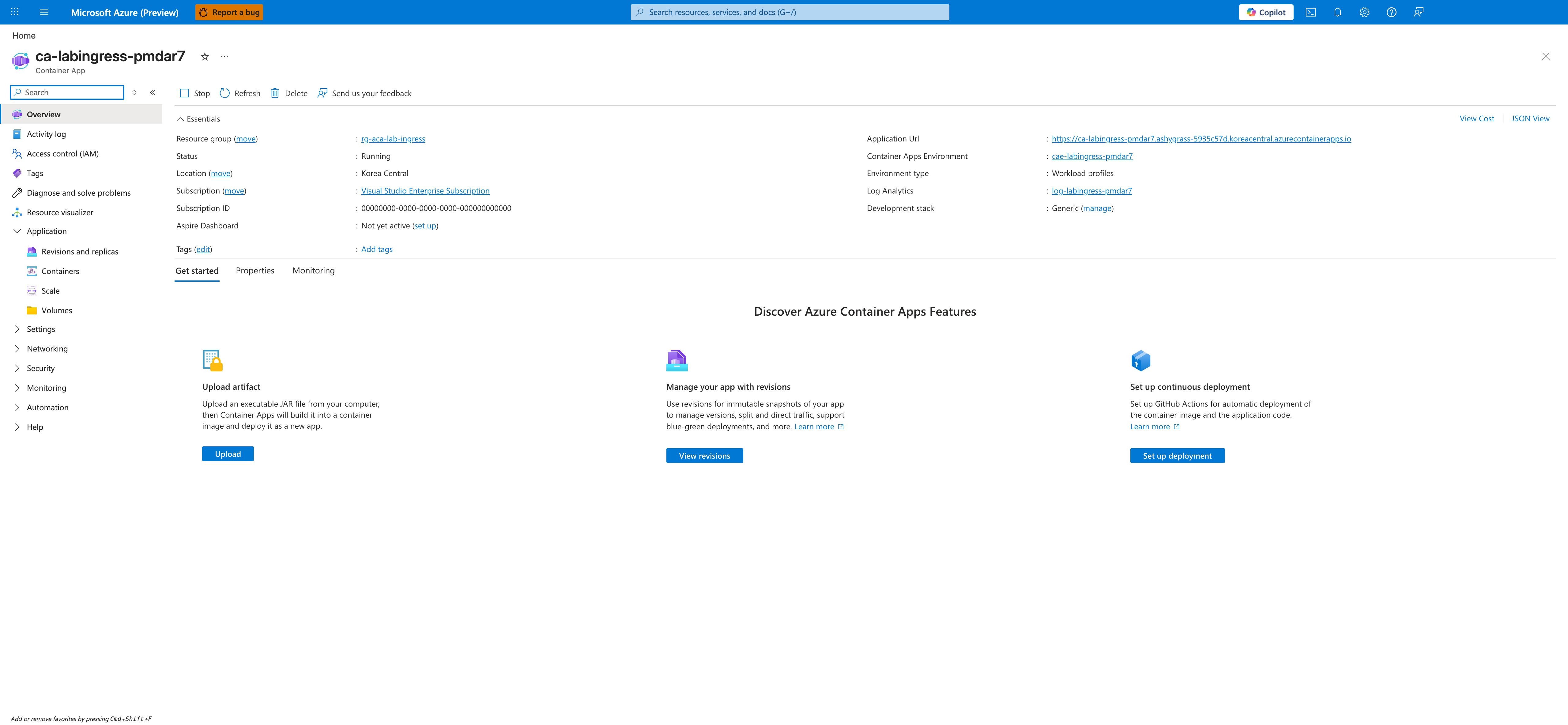 Container App overview blade after the fix, showing Status Running