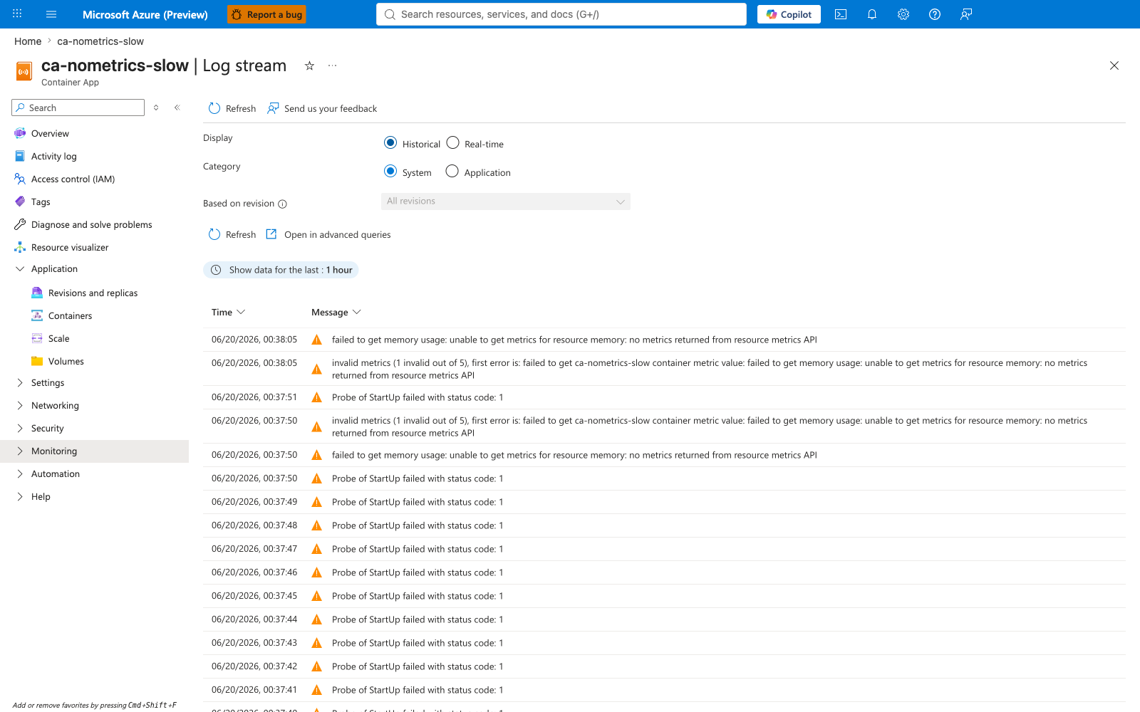 Scenario A: System logs showing KEDA "no metrics returned" during startup probe failure