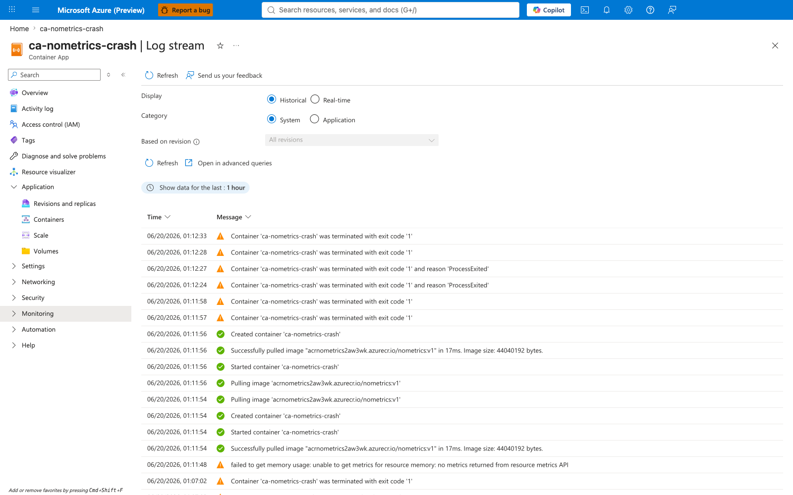 Scenario B: System logs showing container exit code 1 and crash-loop