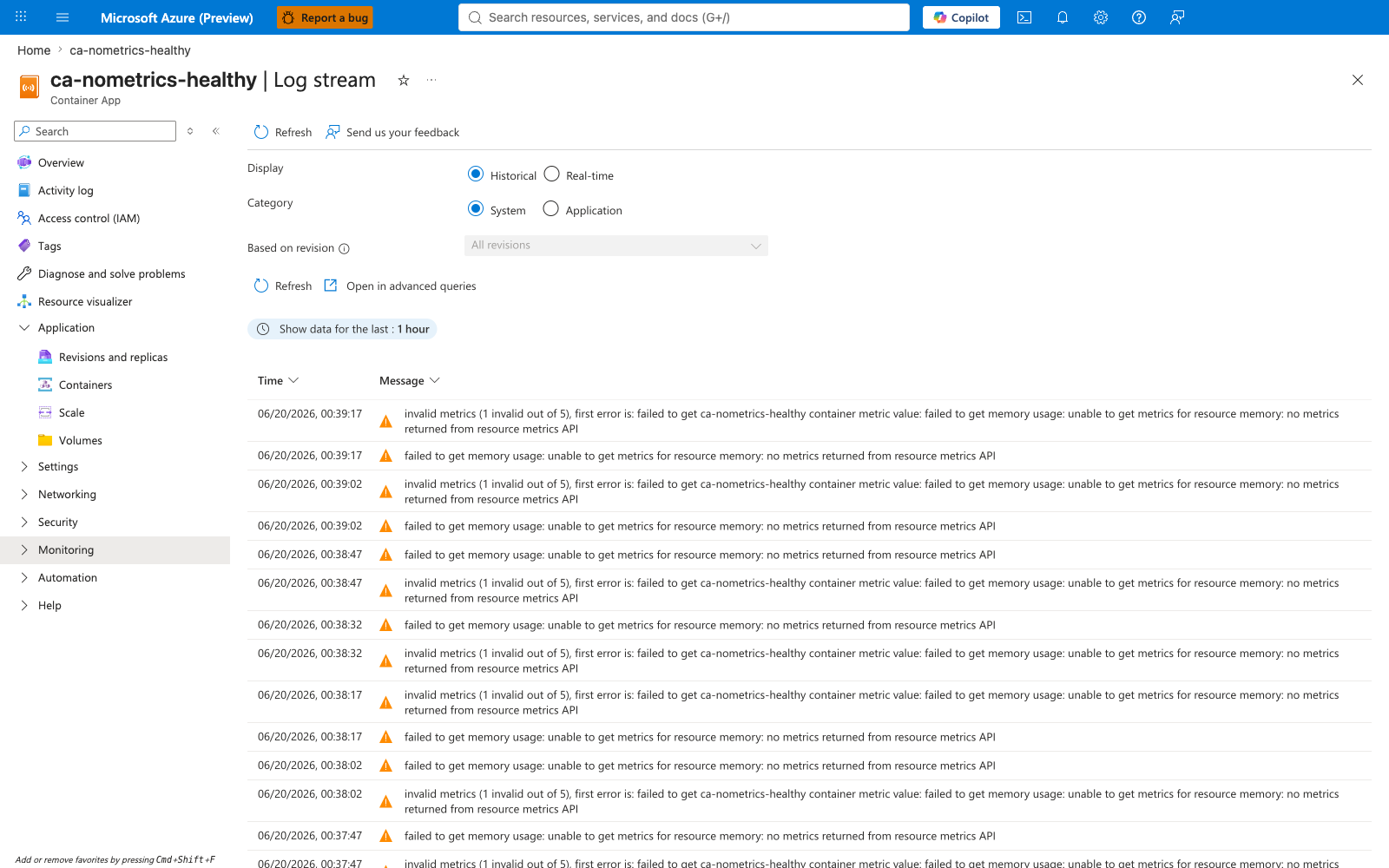 Scenario C: System logs showing transient "no metrics returned" on a healthy app