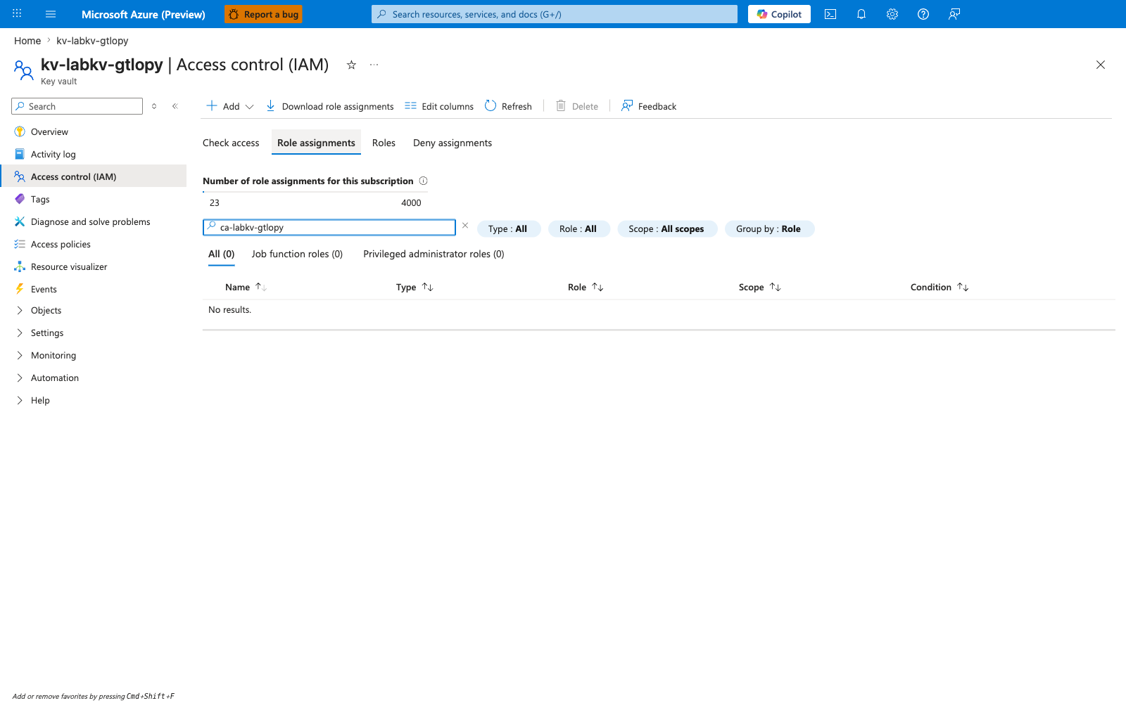 Key Vault IAM blade showing no role assignment for the Container App principal