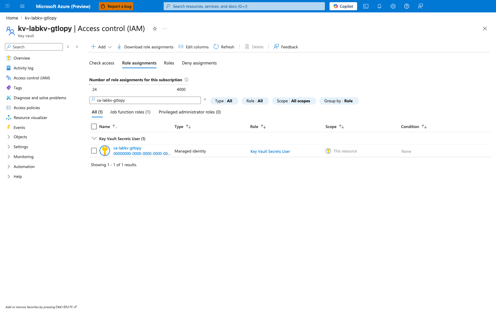 Key Vault IAM blade after fix showing Key Vault Secrets User assigned to the app principal