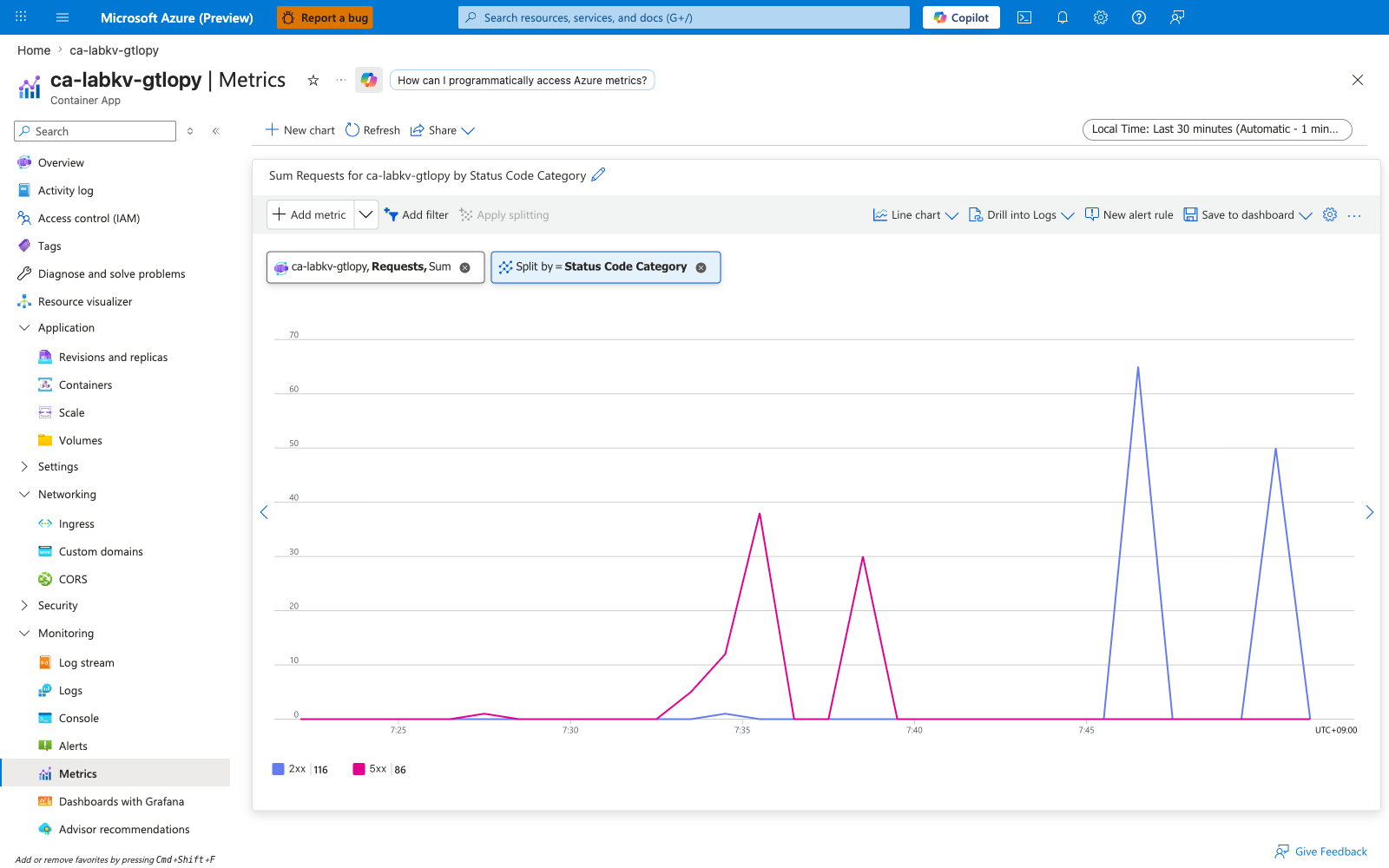 Metrics blade after fix showing 2xx recovery alongside the earlier 5xx population