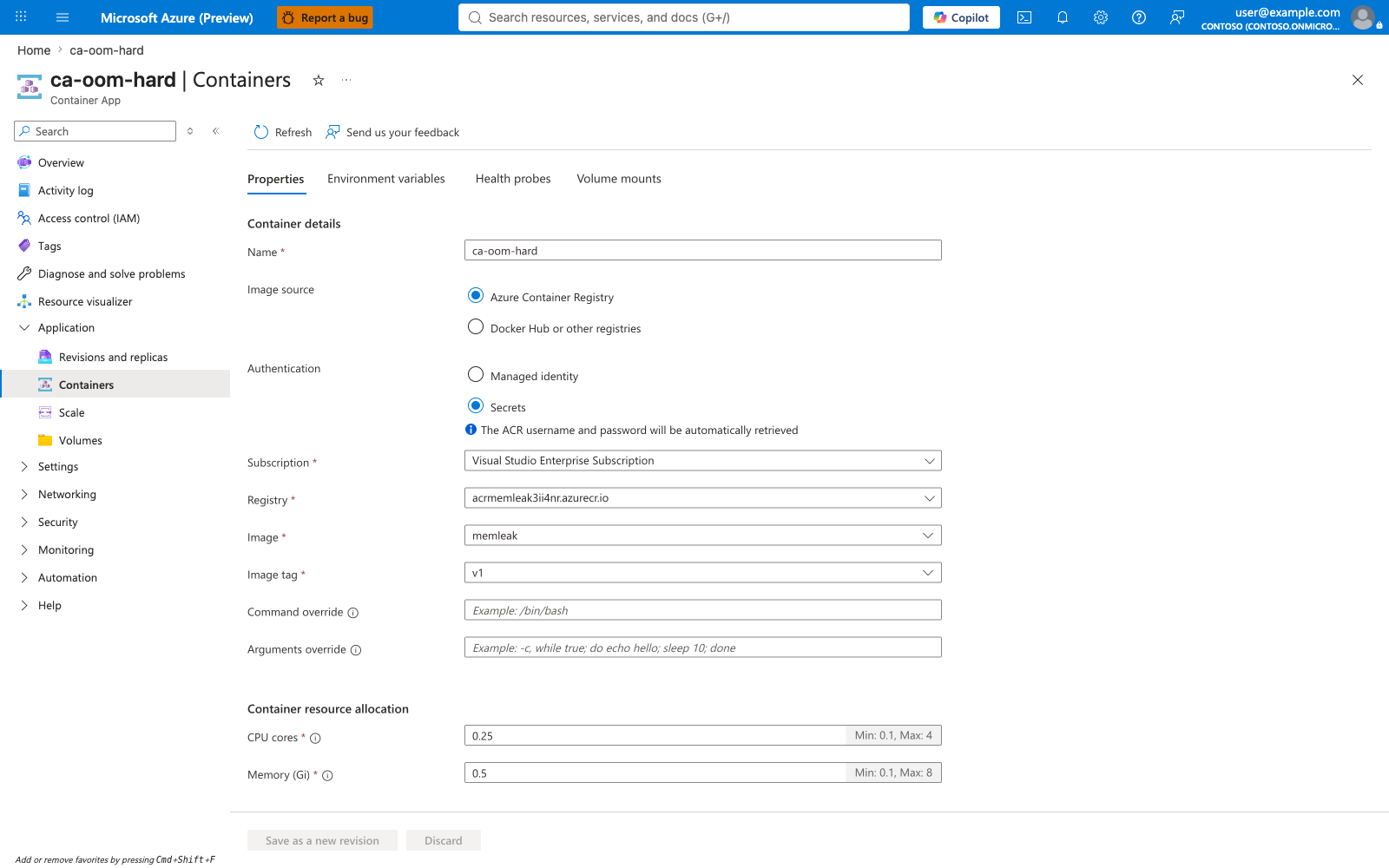 ca-oom-hard Containers blade Properties tab showing 0.5Gi memory and 0.25 vCPU