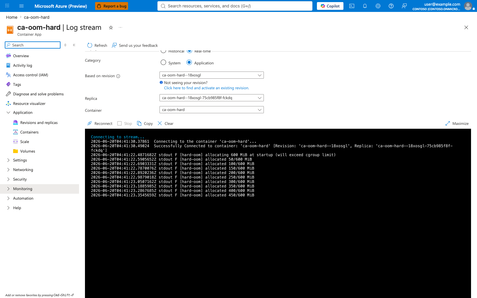 ca-oom-hard Application log stream showing allocation progress lines but no "[app] listening" message
