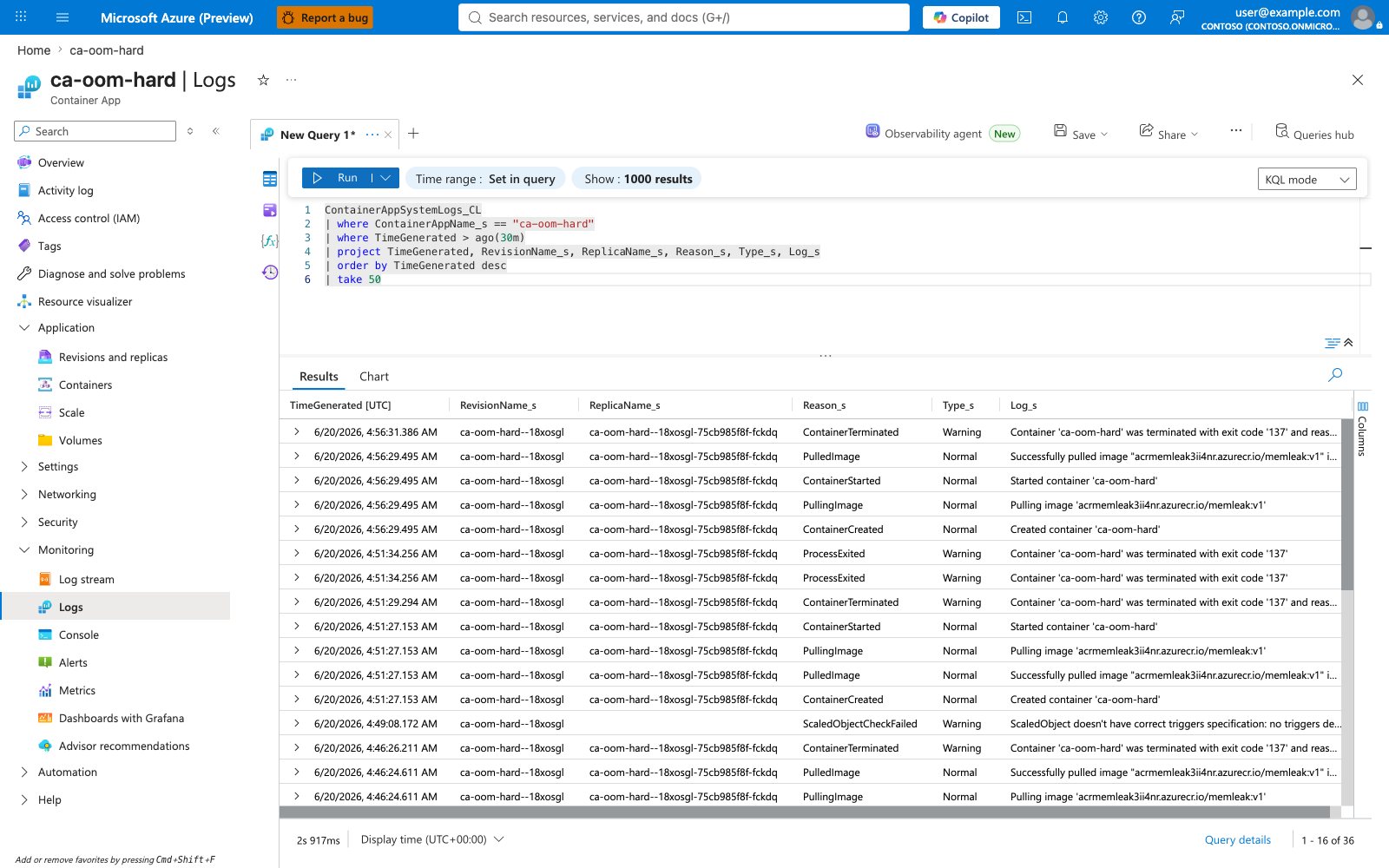ca-oom-hard Logs blade running the cross-scenario exit-event KQL