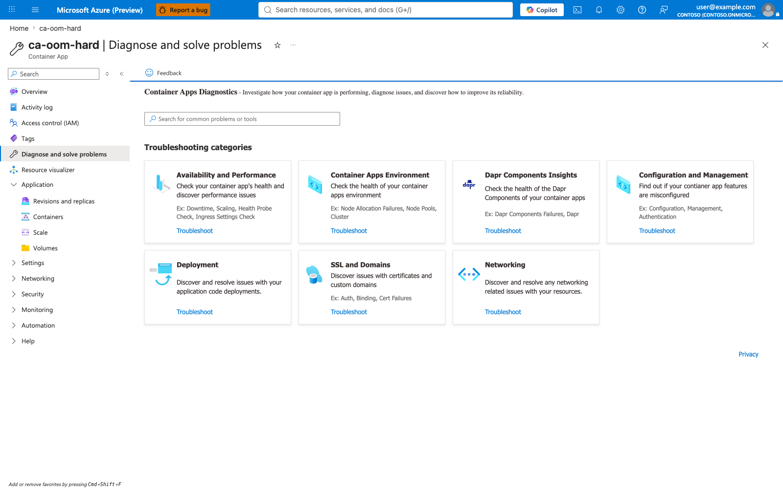 Diagnose and Solve landing page during the incident
