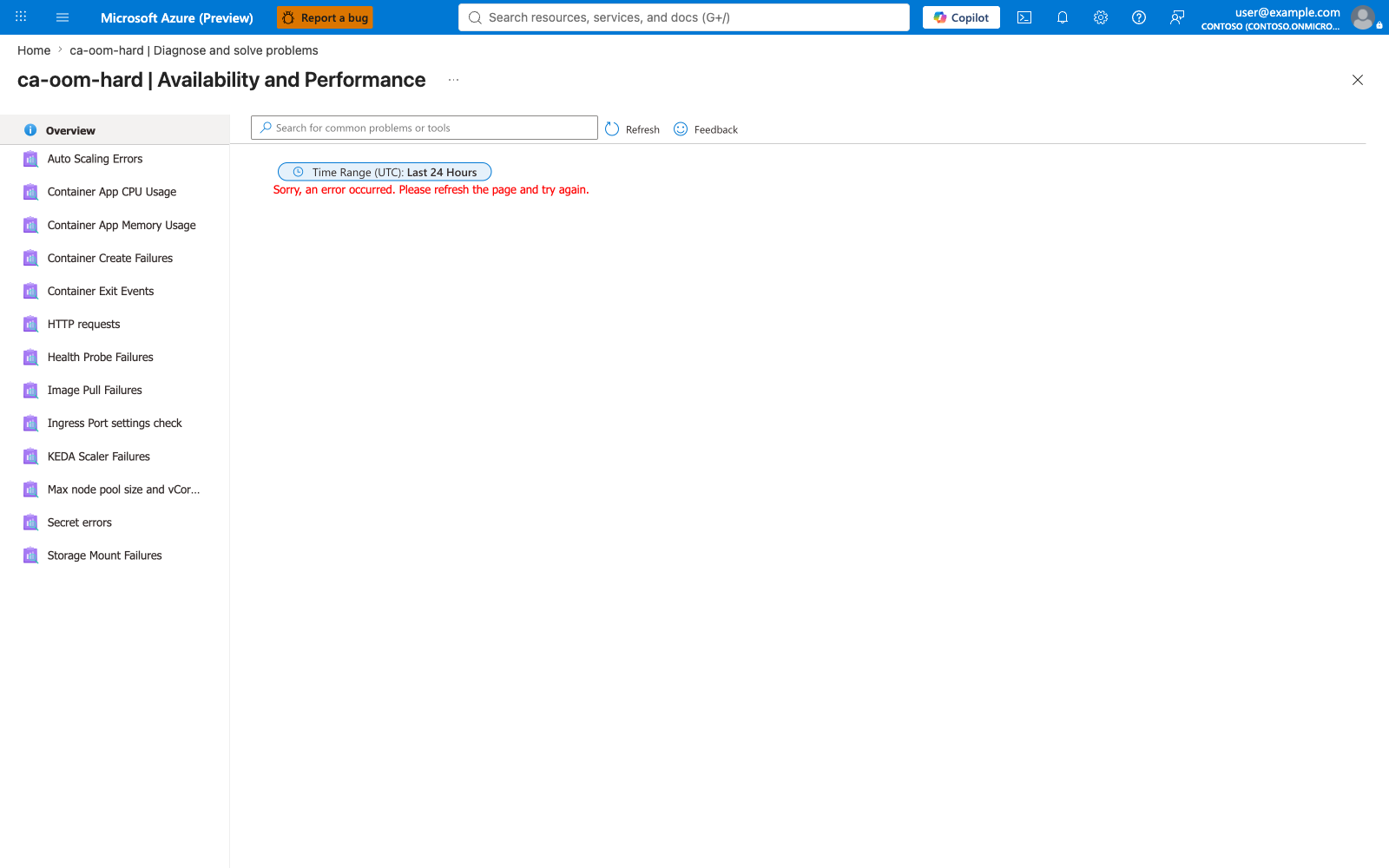 Availability and Performance category during the incident, failing revision active