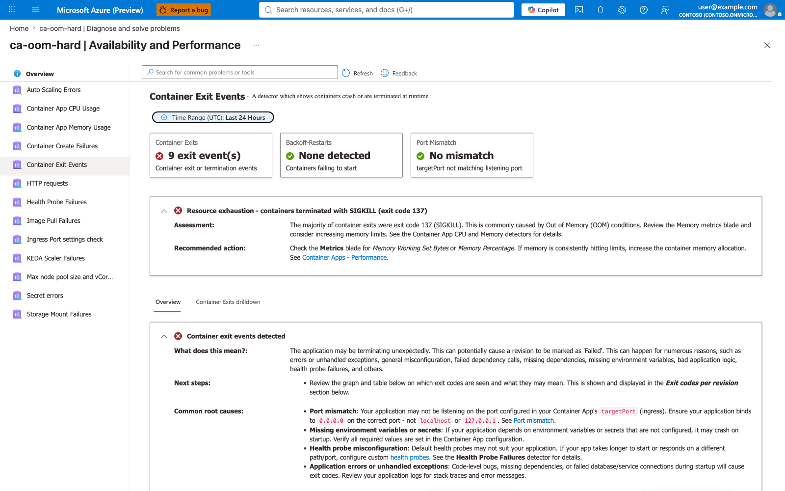 Container Exit Events detector during the incident — exit code 137 cluster