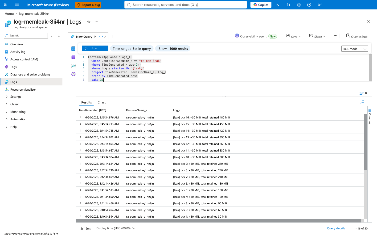 KQL: ca-oom-leak [leak] tick entries