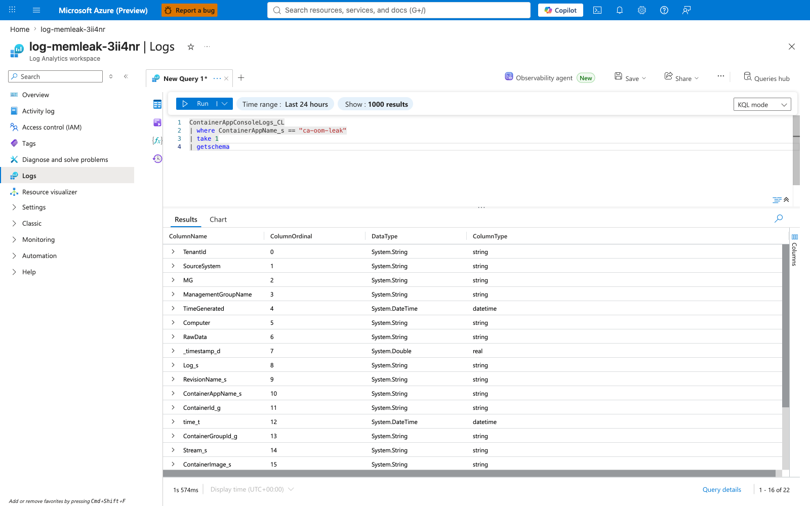 KQL: ContainerAppConsoleLogs_CL schema