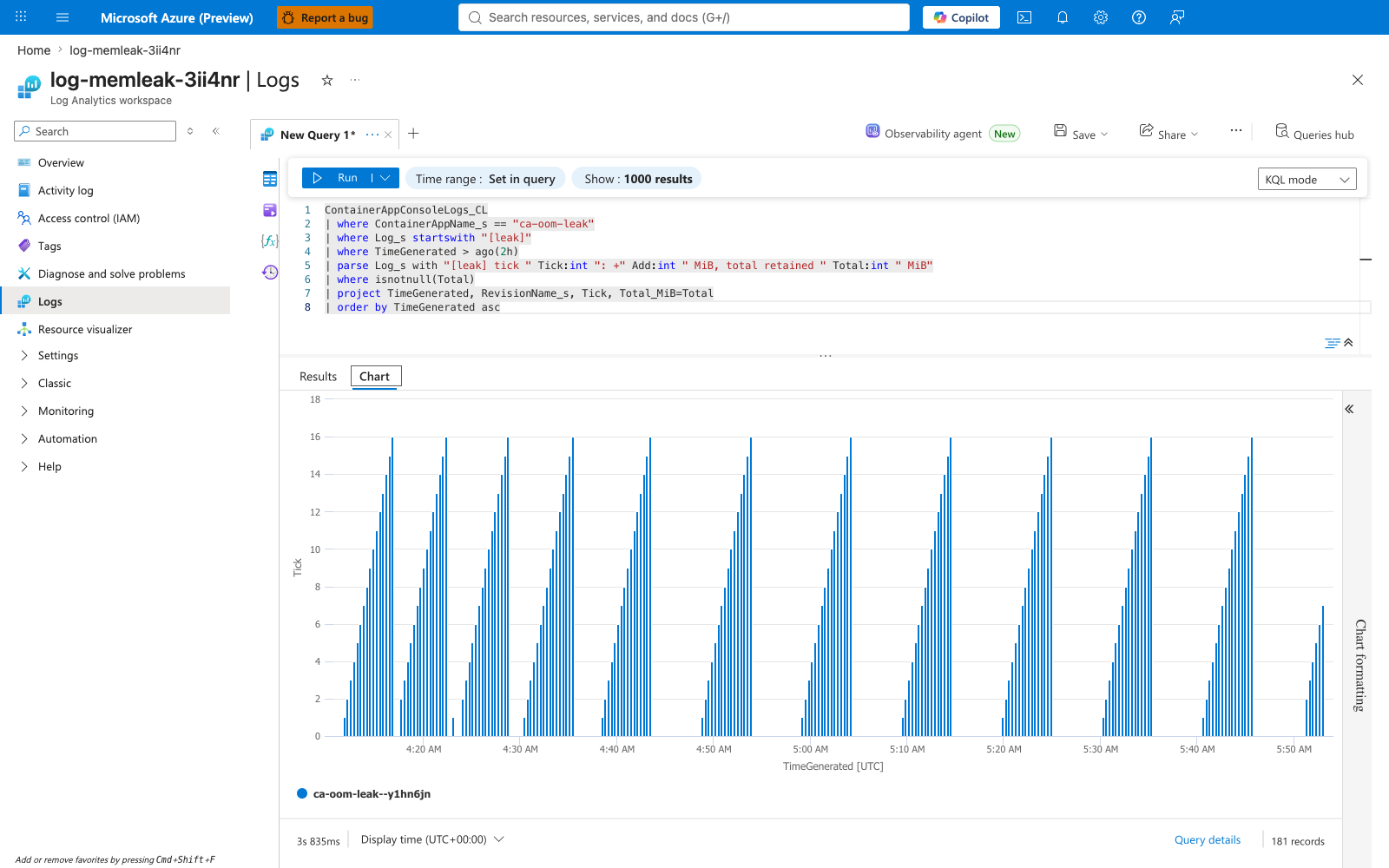 KQL: ca-oom-leak memory growth timechart