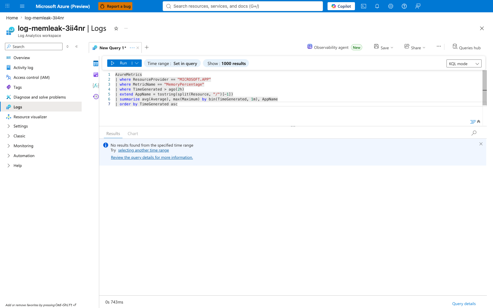 KQL: AzureMetrics MemoryPercentage query returning zero rows for Container Apps