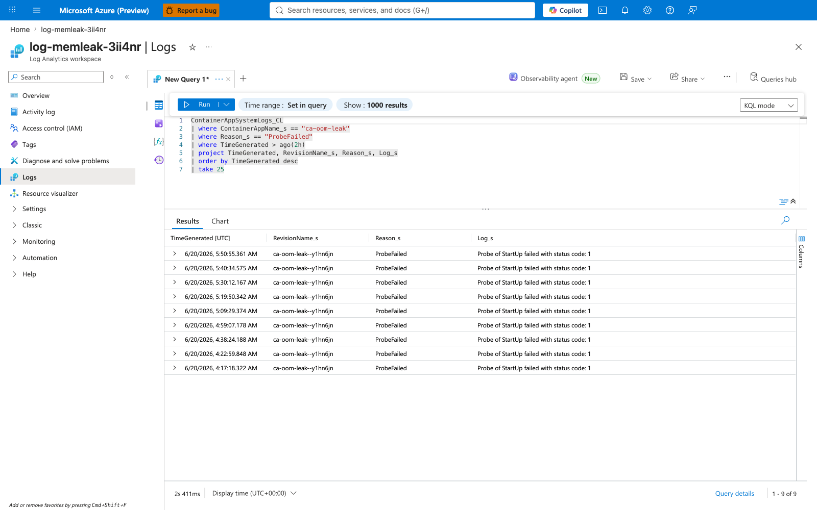 KQL: ca-oom-leak ProbeFailed entries