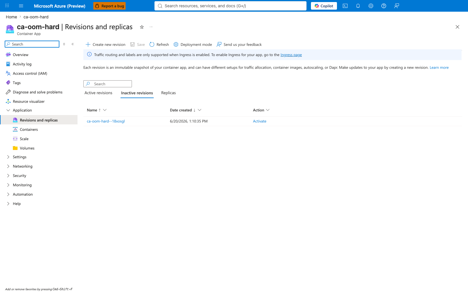 ca-oom-hard Revisions blade showing the inactive failing revision retained for evidence