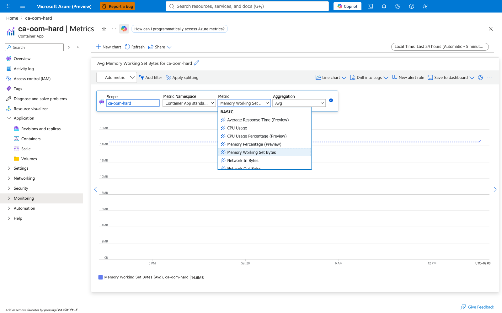 ca-oom-hard Metric picker dropdown showing available metrics