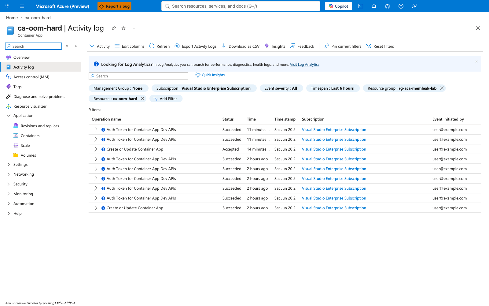 ca-oom-hard Activity Log listing the create and fix operations