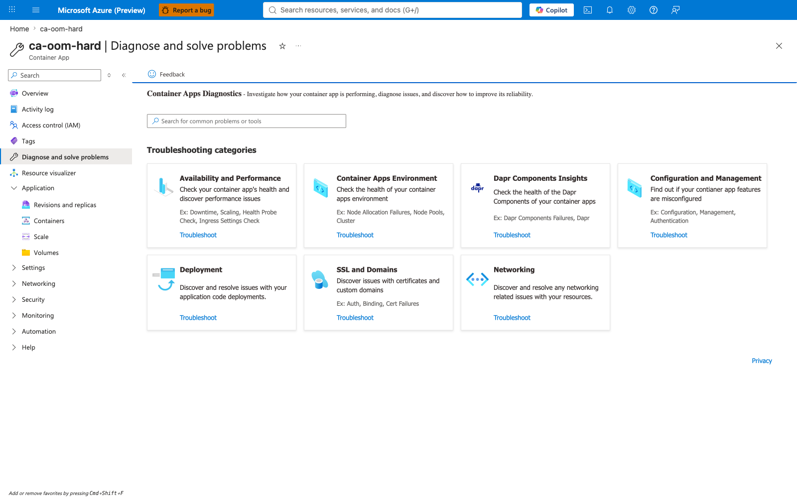 Diagnose and Solve Problems landing page with seven categories