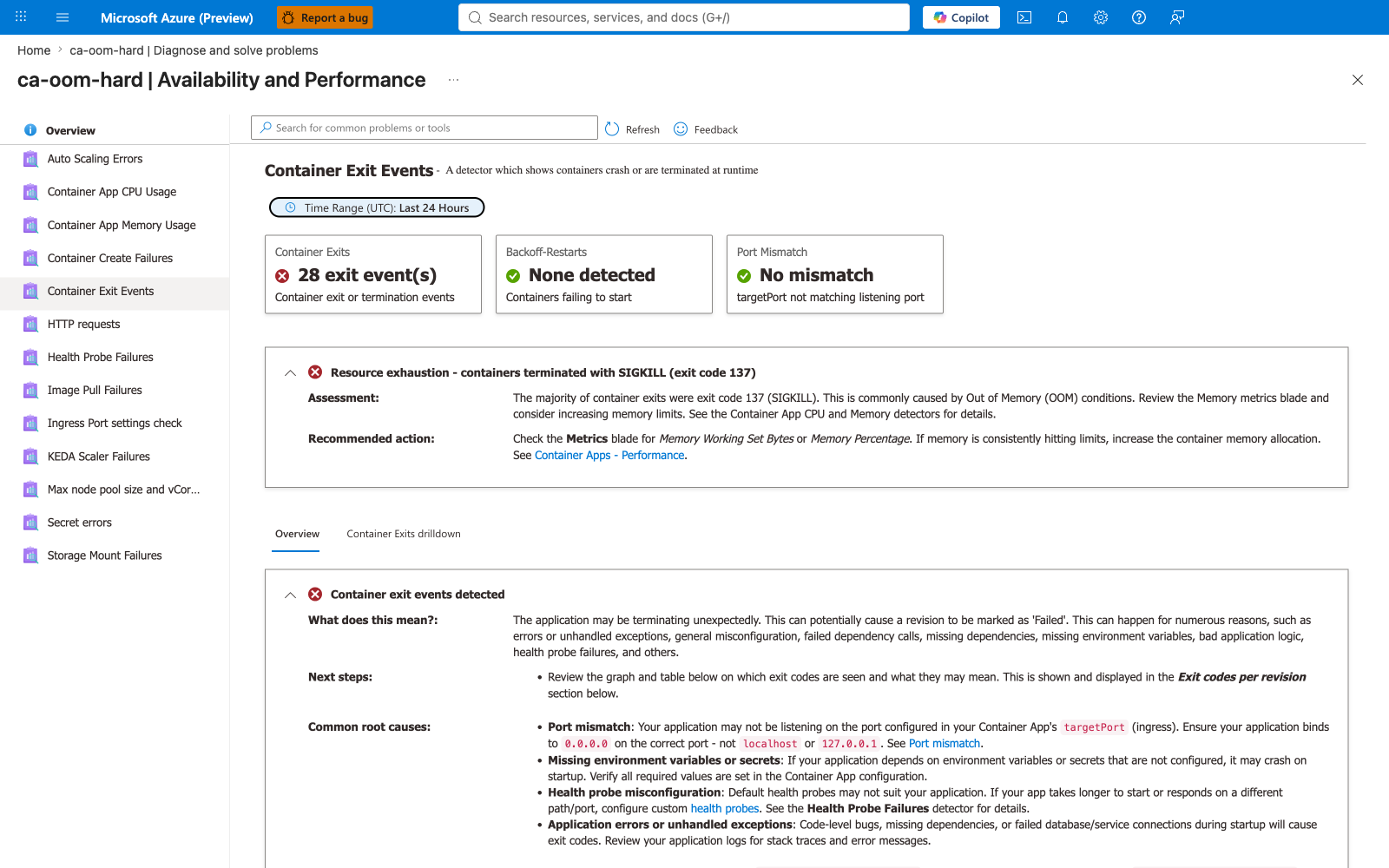 Container Exit Events detector — 28 exit events, Portal text identifying SIGKILL as OOM