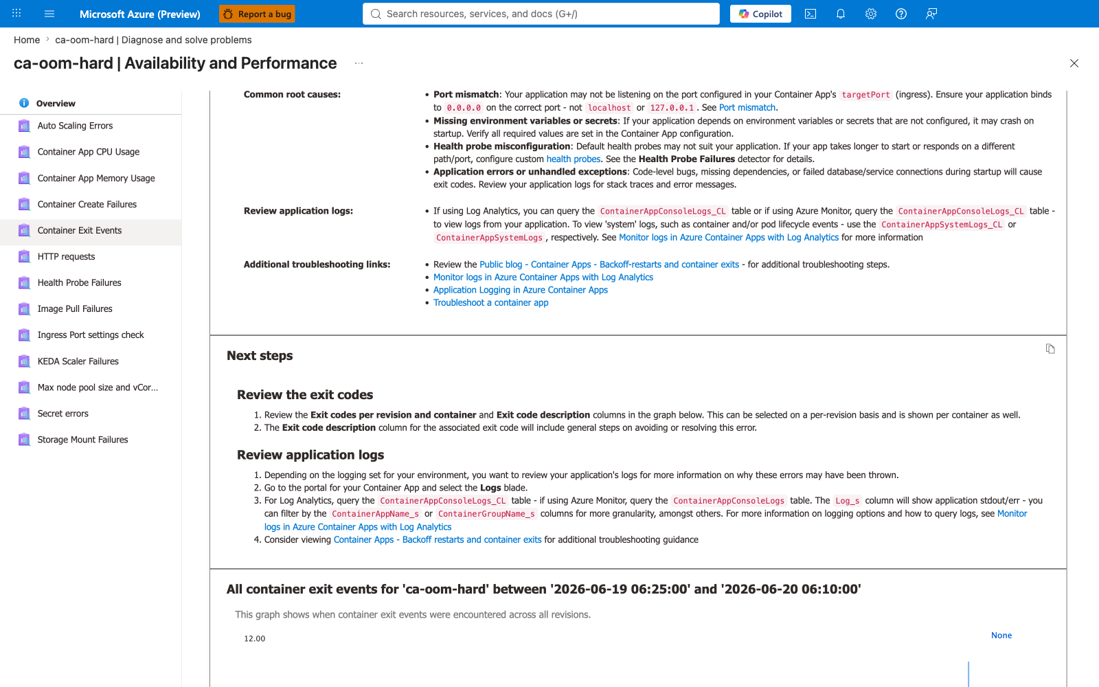 Container Exit Events detector — common root causes and KQL table references