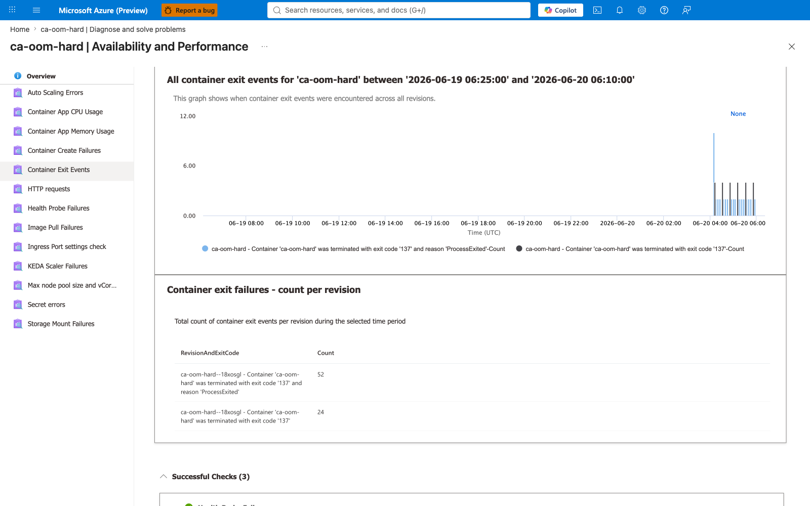 Container Exit Events detector — bar chart and per-revision table totalling 76 events