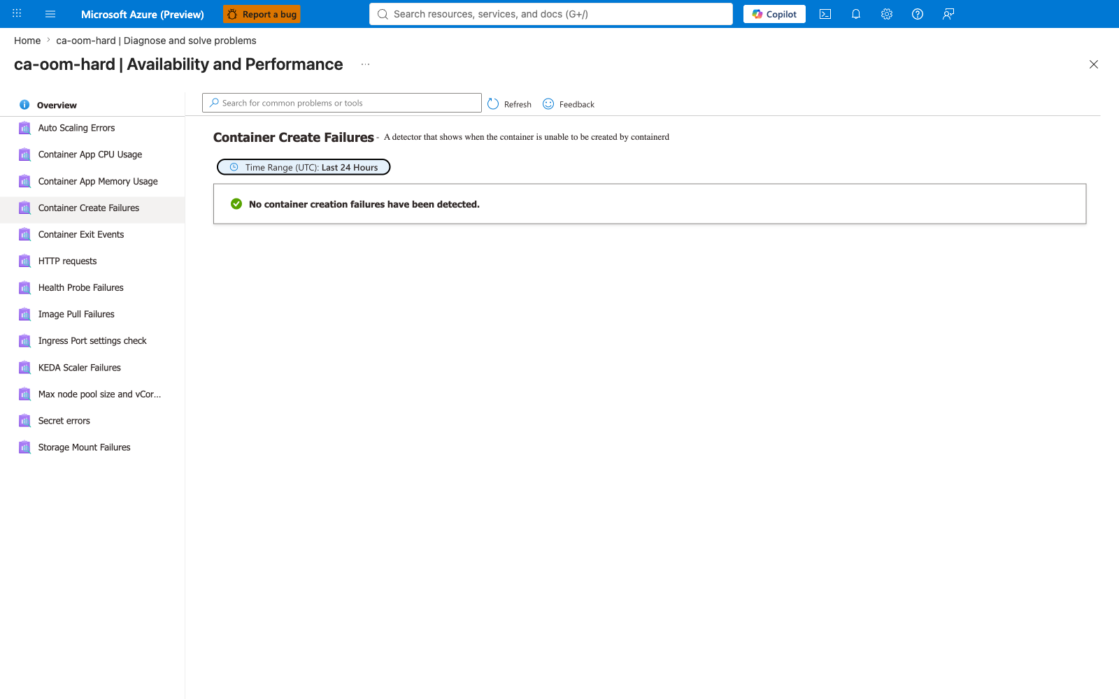Container Create Failures detector — clean, proving OOM is at runtime not at container create