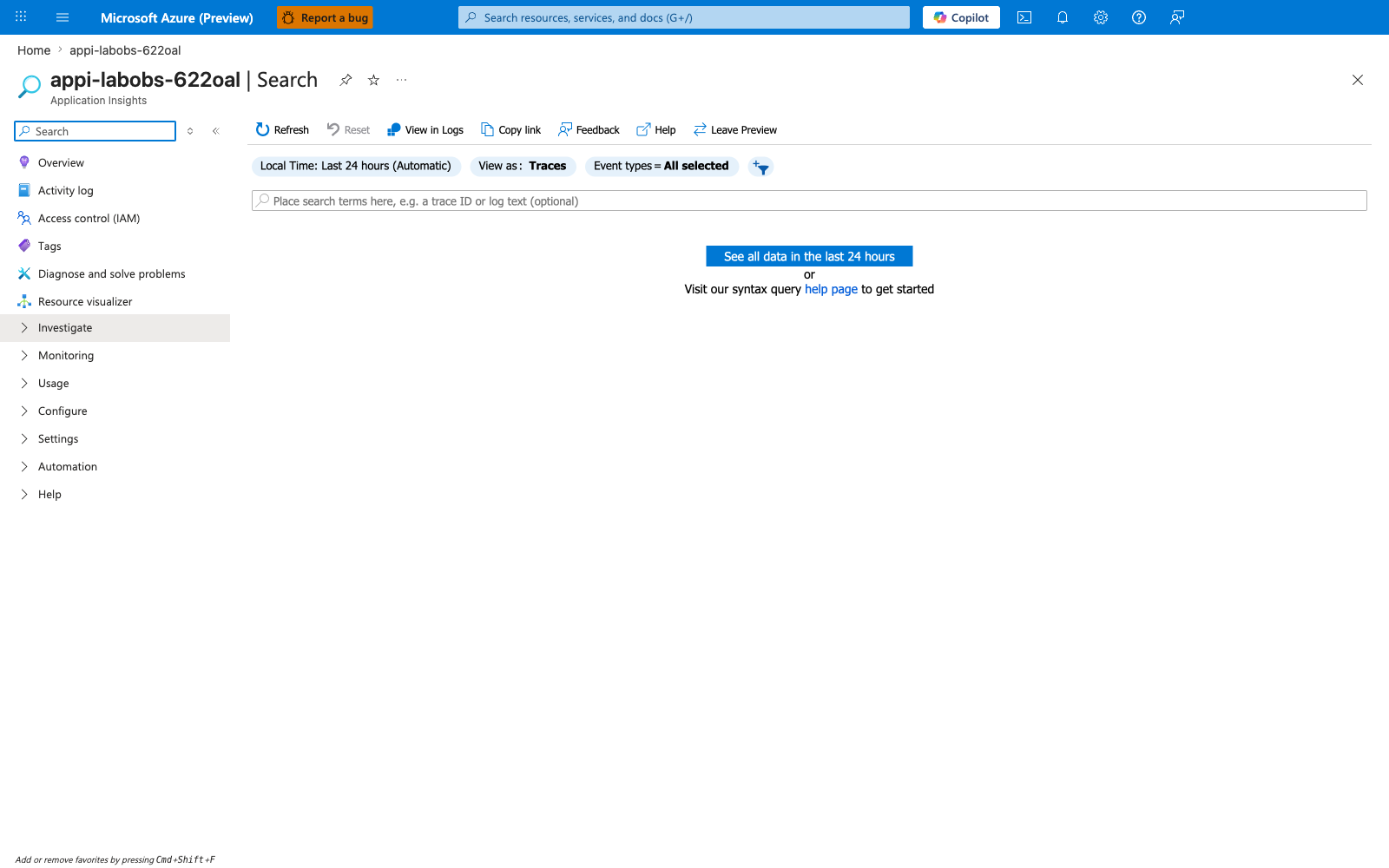 Application Insights Transaction search — no executed result