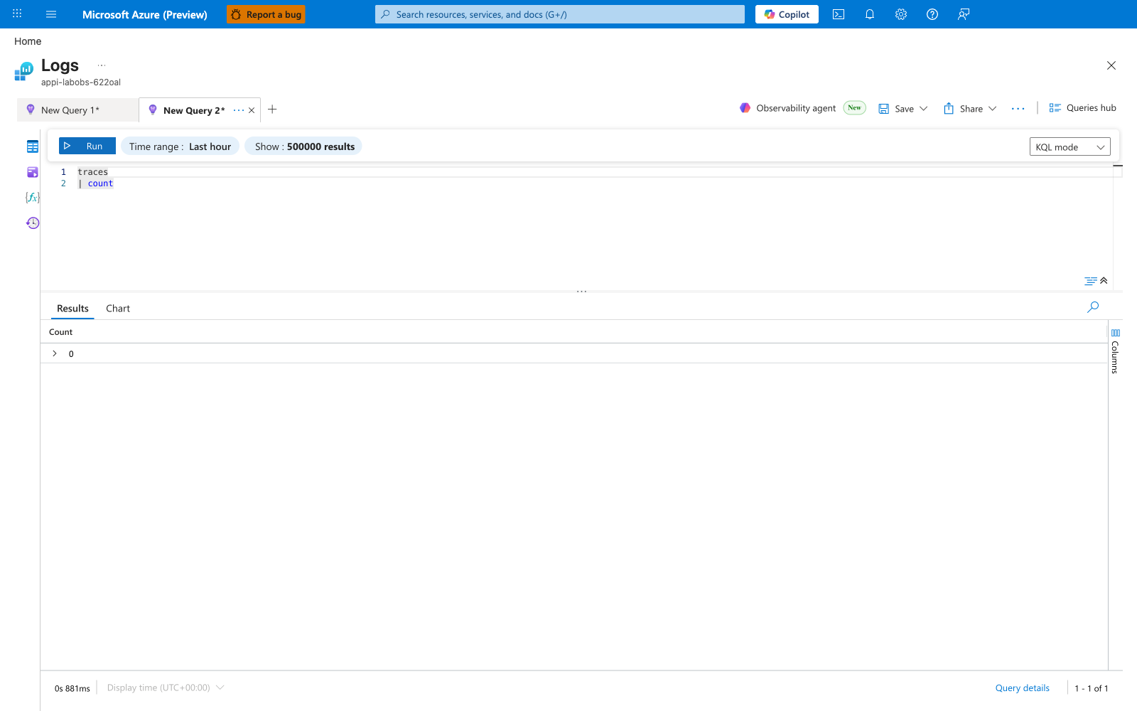 App Insights Logs blade — traces count is 0