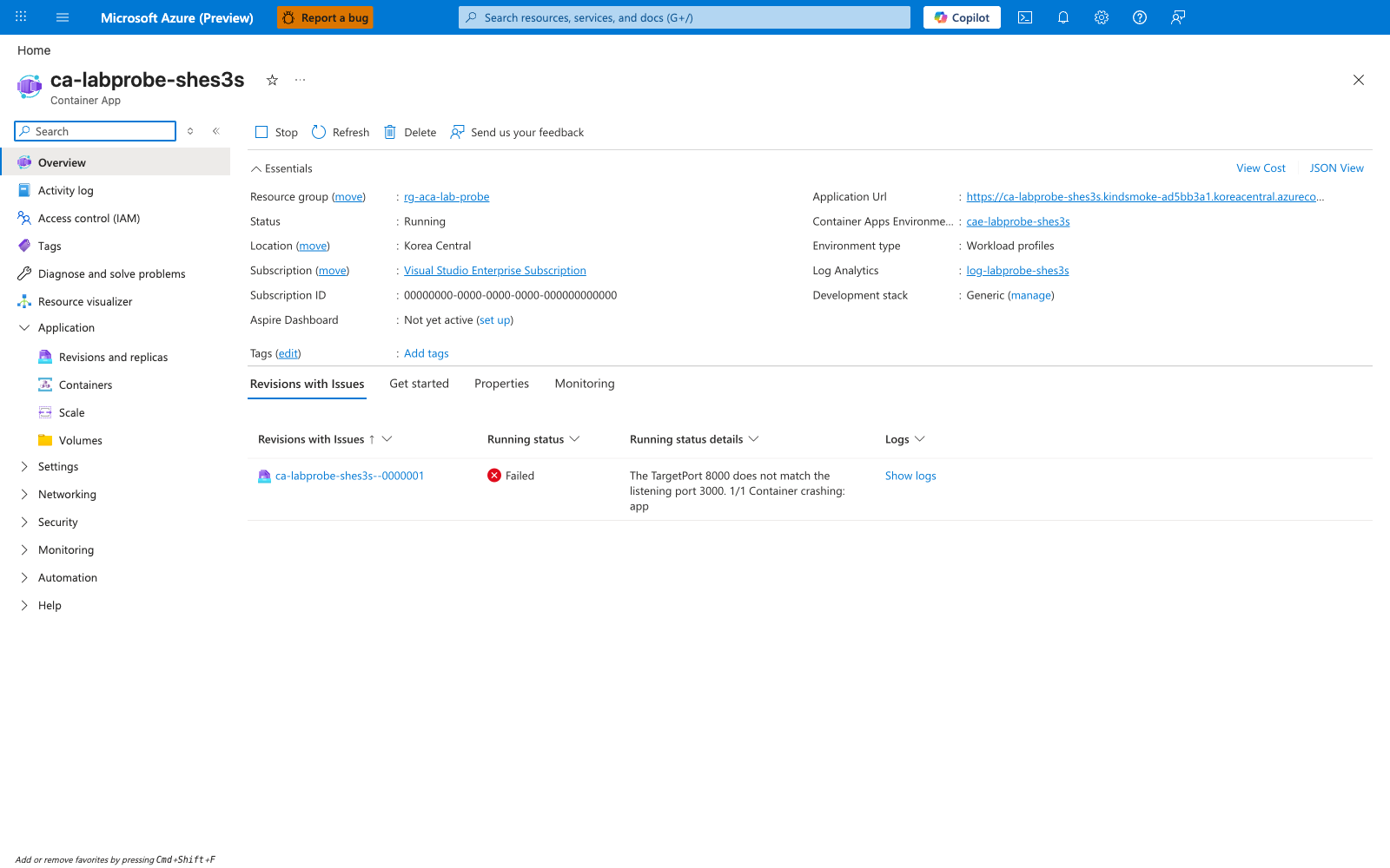 Container App overview blade — Status Running but Revisions with Issues section reports TargetPort 8000 does not match listening port 3000