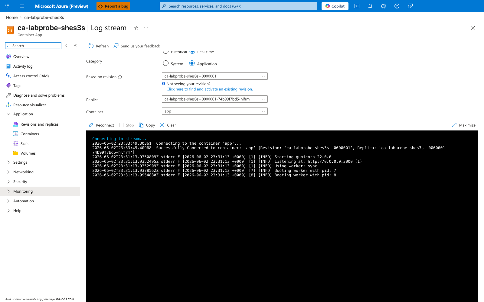 Log stream showing gunicorn Listening at http://0.0.0.0:3000 for revision --0000001