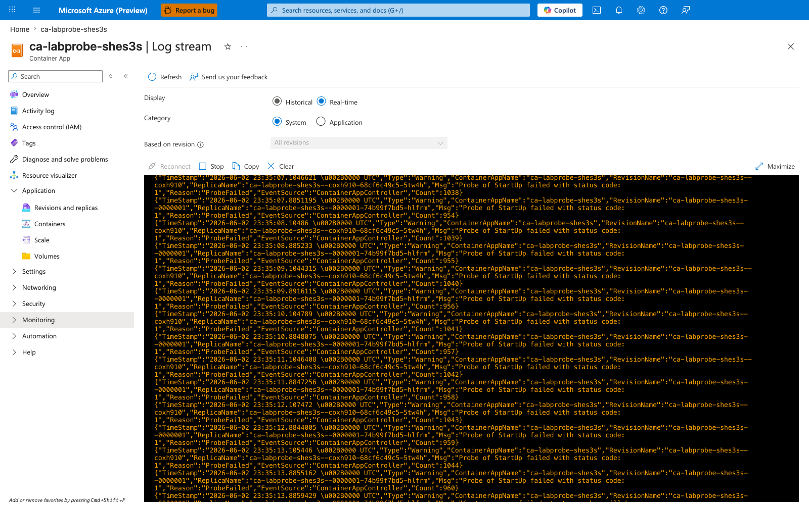 Log stream System category showing repeated ProbeFailed events with Reason ProbeFailed and incrementing Count field