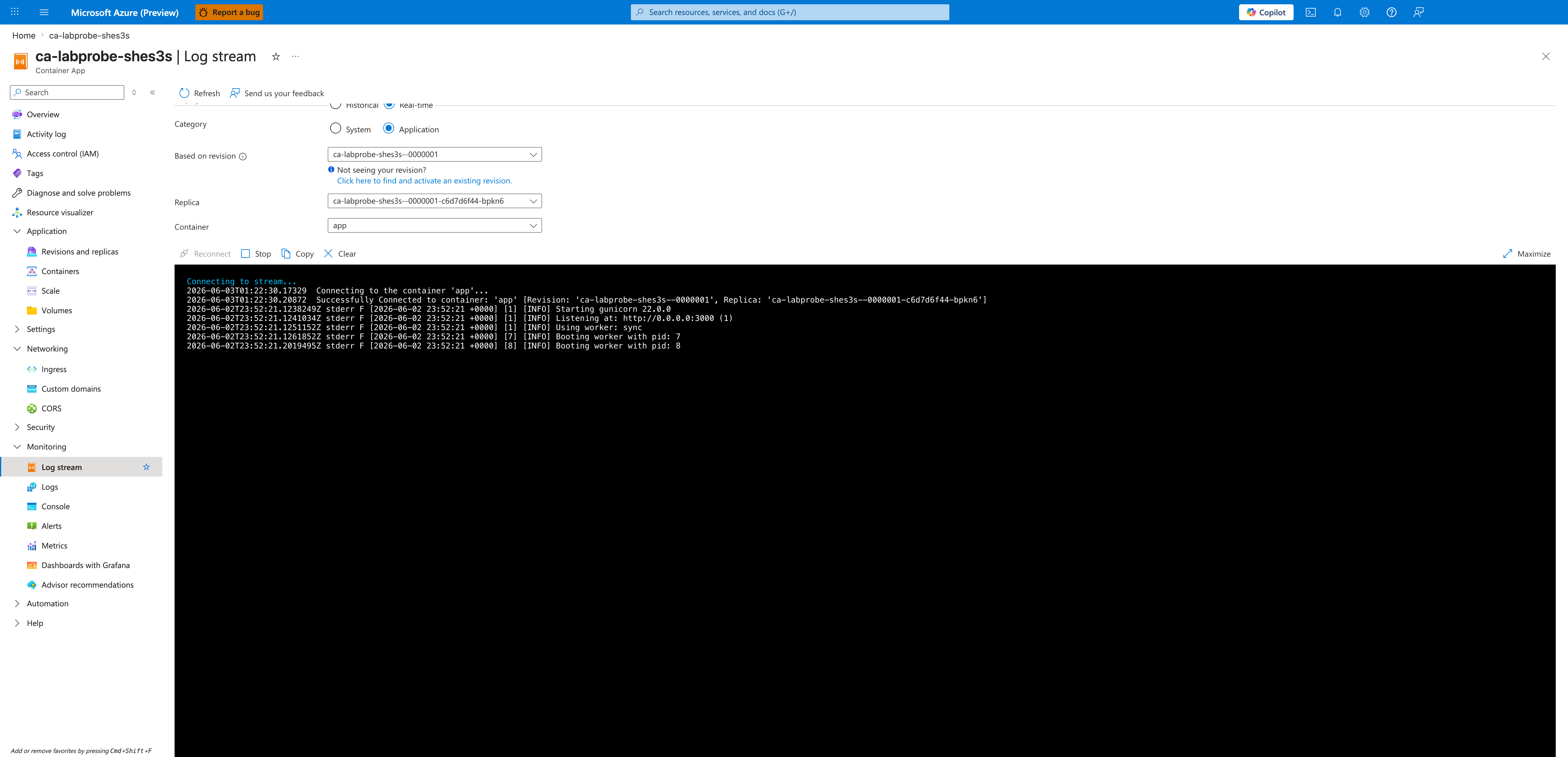 Log stream showing the same gunicorn startup output and listening port 3000 from the same revision as the failure state